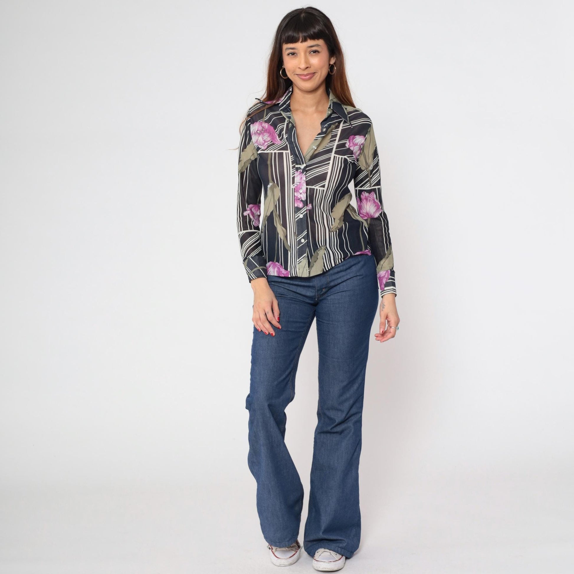 70s Sheer Floral Striped Blouse Black Dagger Collar Button Up Small