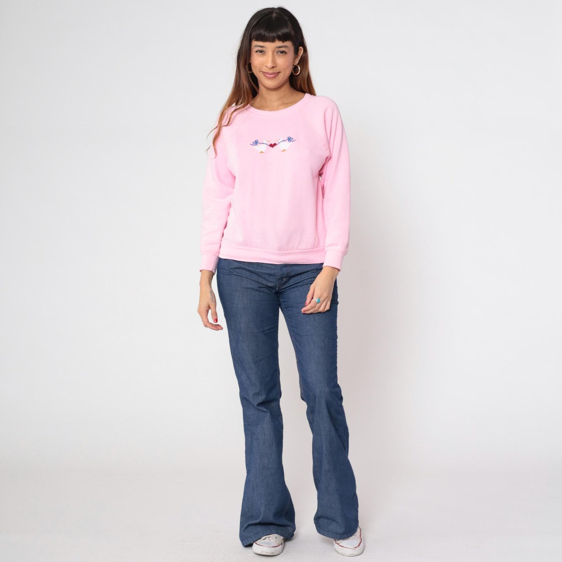 80s Pink Duck Embroidered Raglan Sweatshirt Heart Animal Crewneck Small