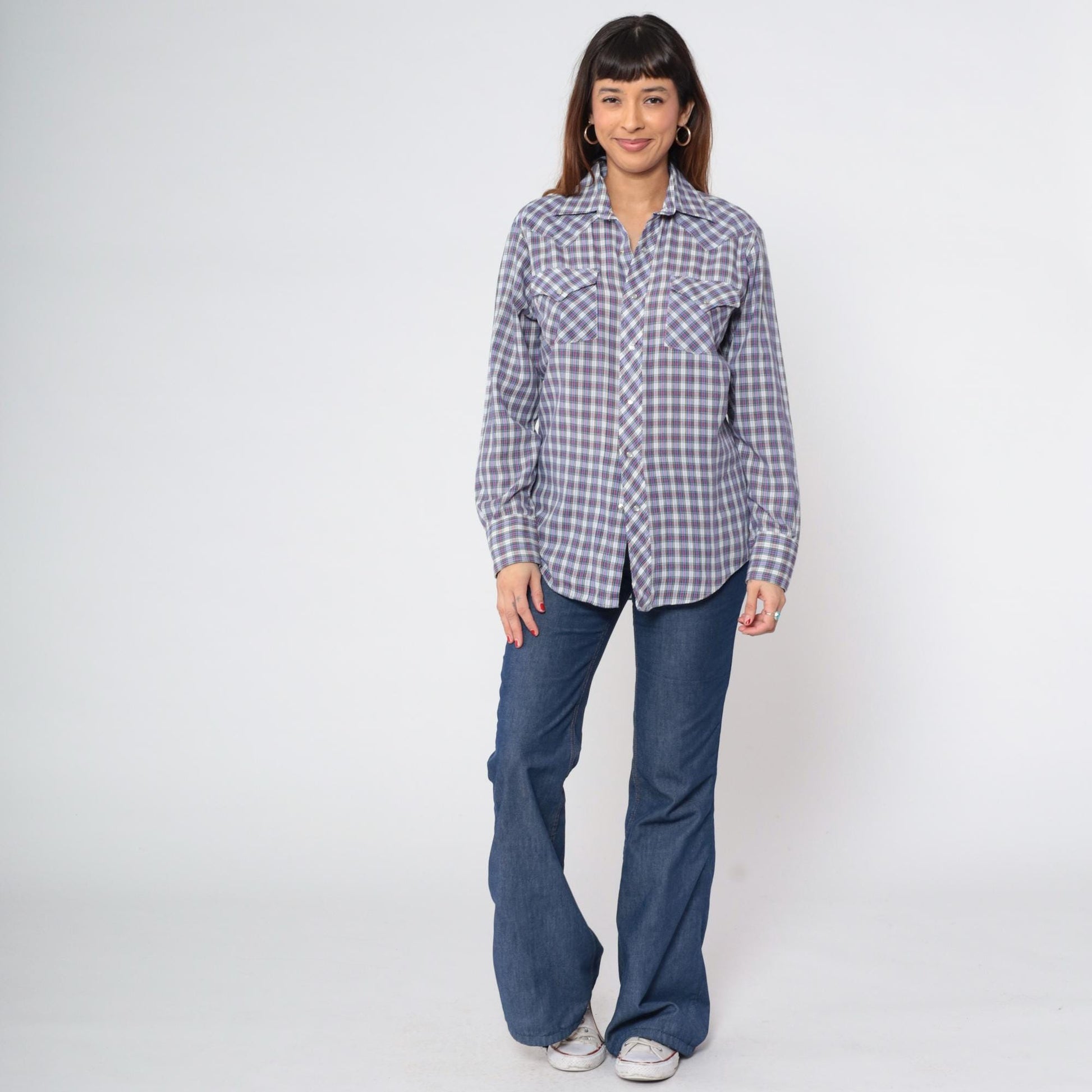 70s Sears Western Wear Plaid Pearl Snap Shirt Blue Red Checkered Men's Medium