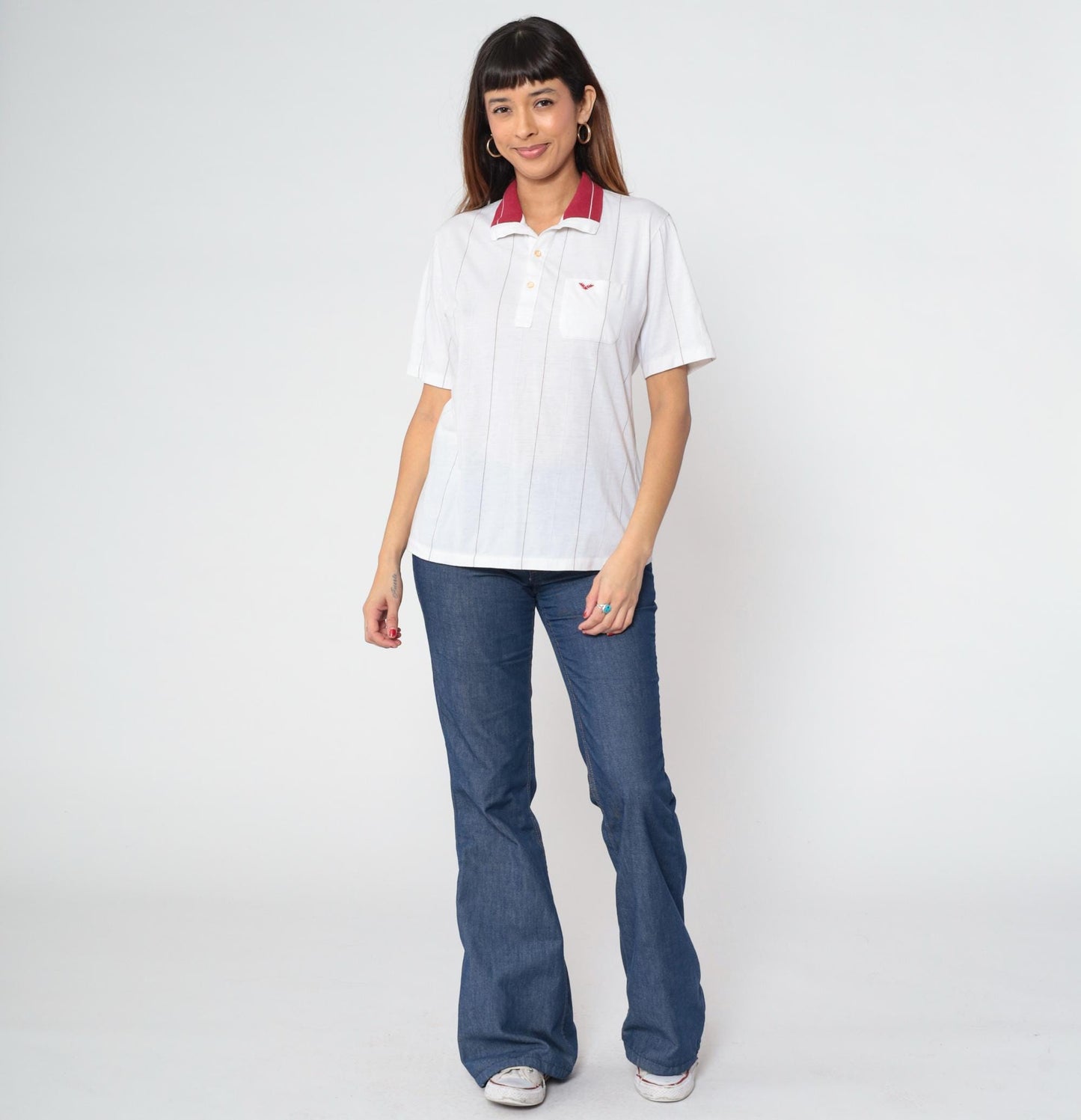 80s White Burgundy Striped Polo Shirt Embroidered Crest Quarter Button Medium