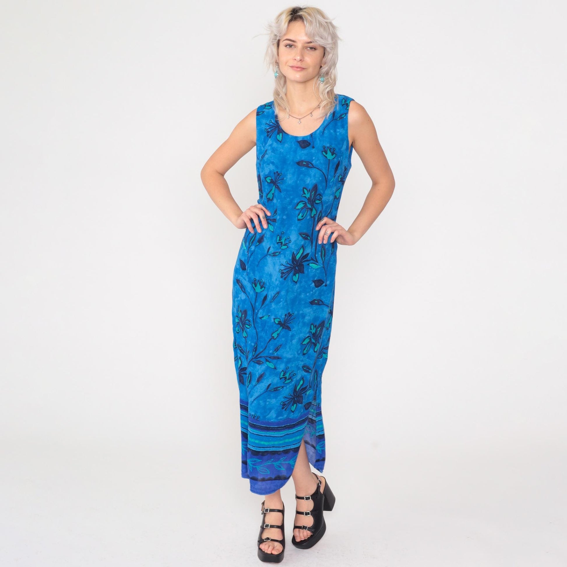 90s Blue Floral Rayon Maxi Dress Sleeveless Scoop Neck Side Slit Small