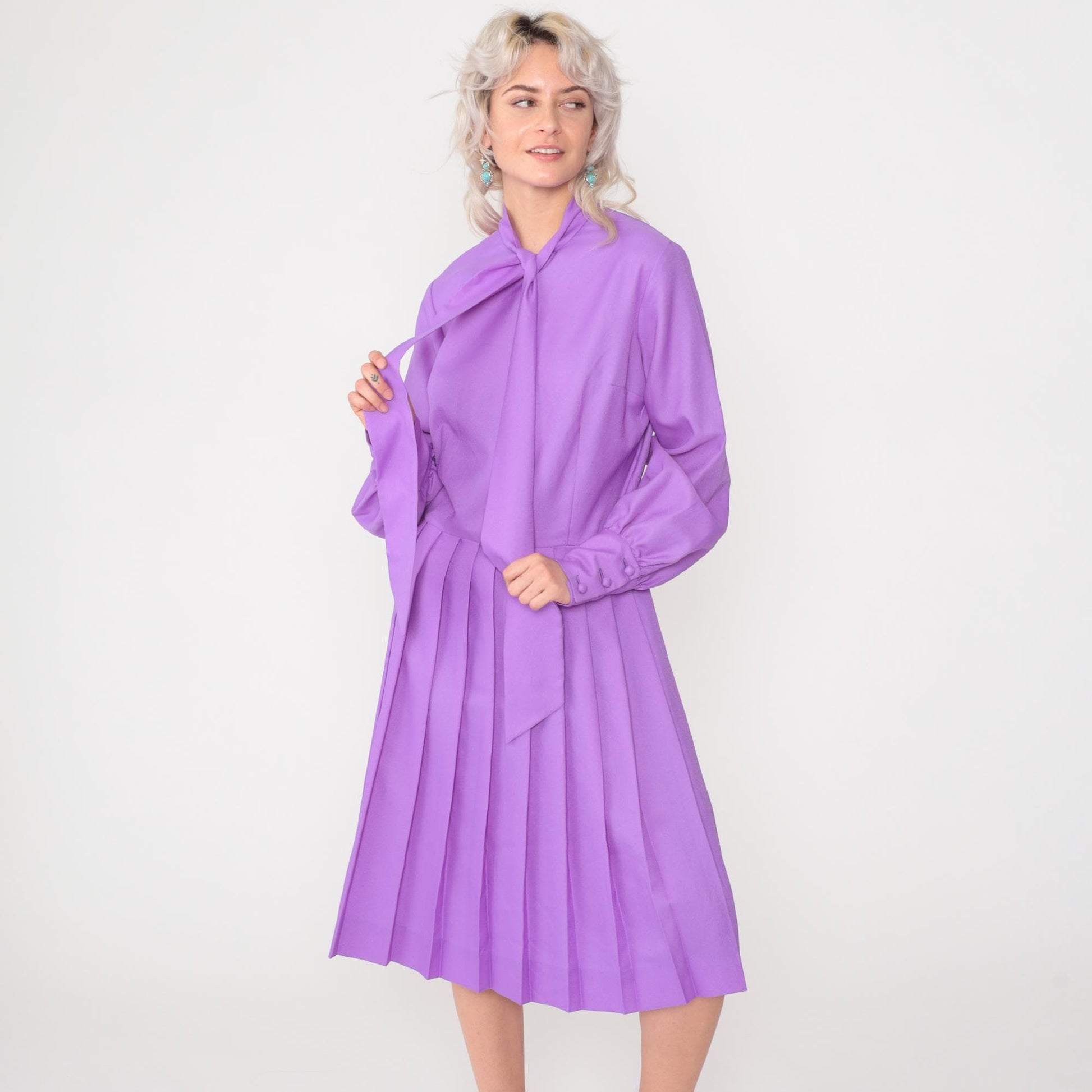70s Purple Ascot Midi Dress Long Sleeve High Waist Pleated Medium 8
