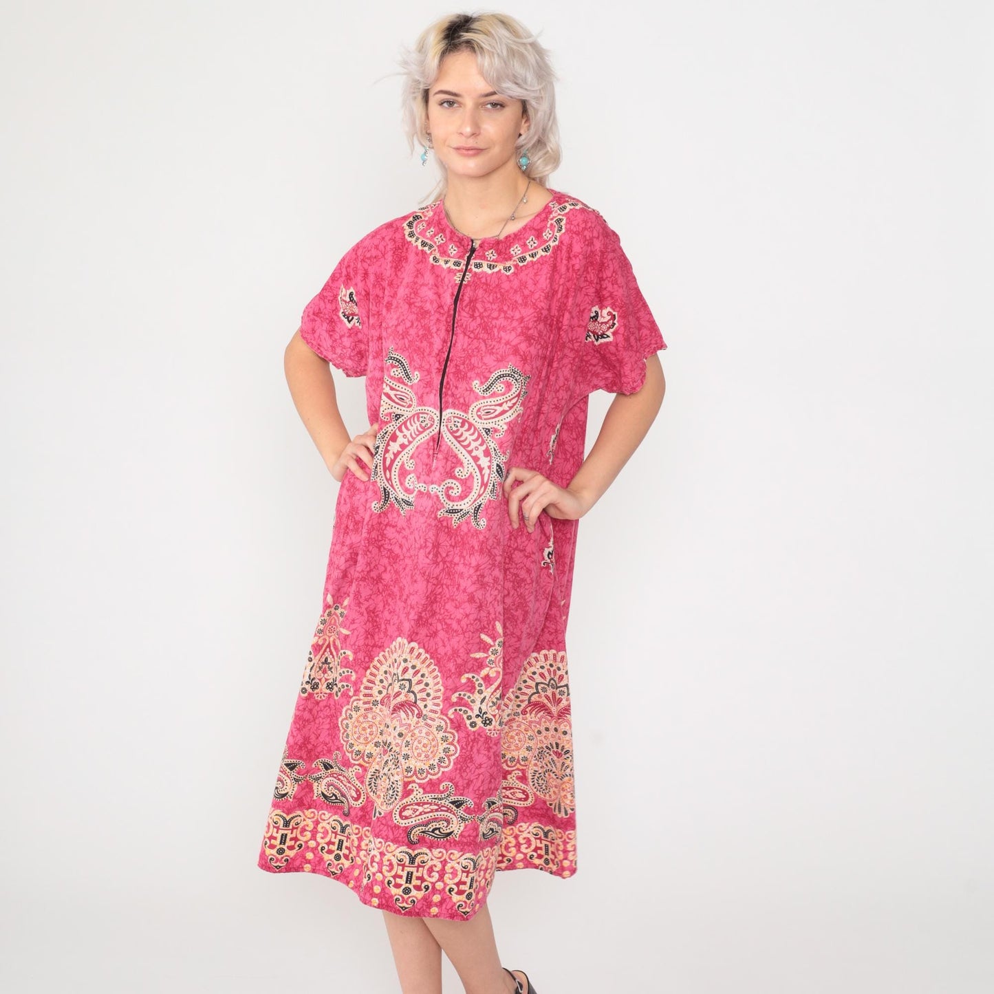 90s Pink Batik Paisley Midi Dress Front Zipper Shift Short Sleeve Large L