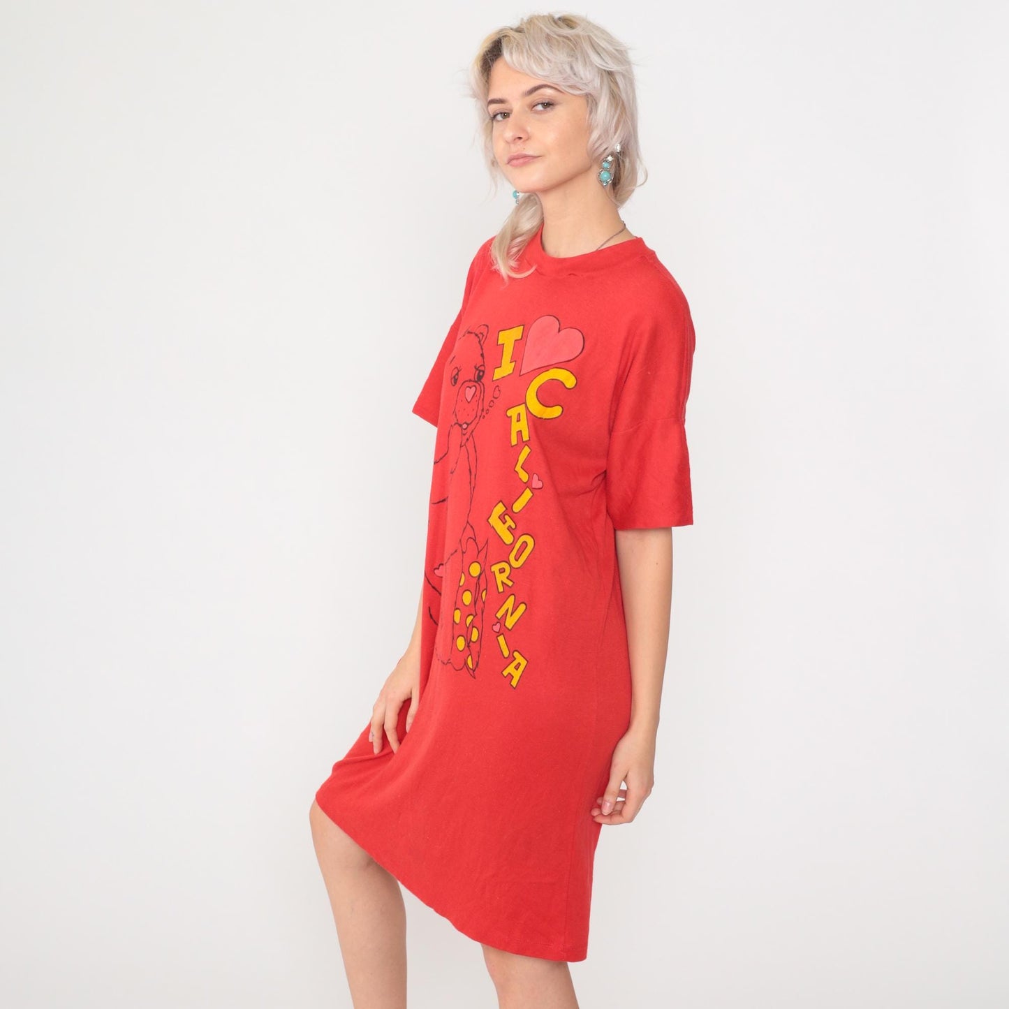 80s Teddy Bear I Heart California T-Shirt Dress Midi Red Graphic Nightgown Medium