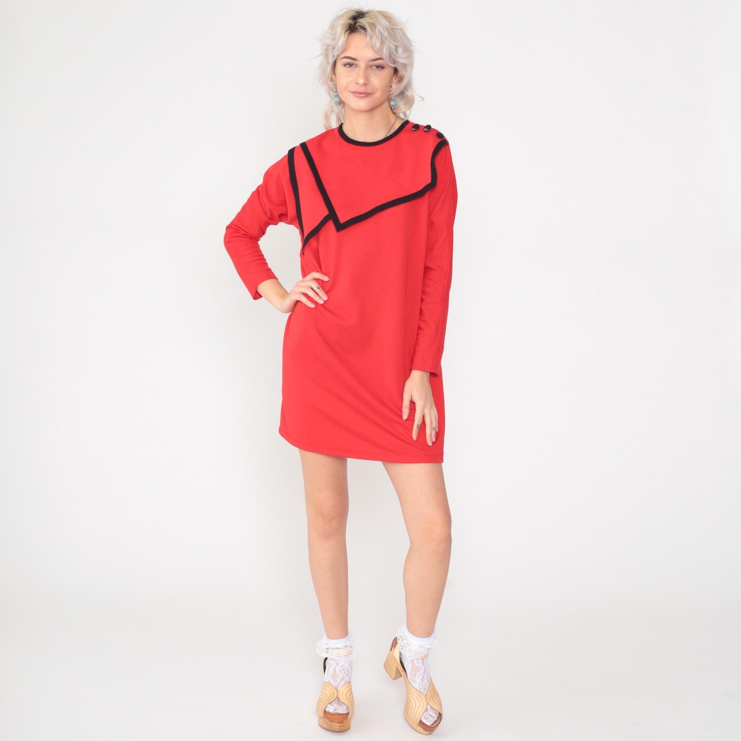 80s Leslie Fay Red Mini Dress Asymmetrical Sailor Collar Long Sleeve Medium