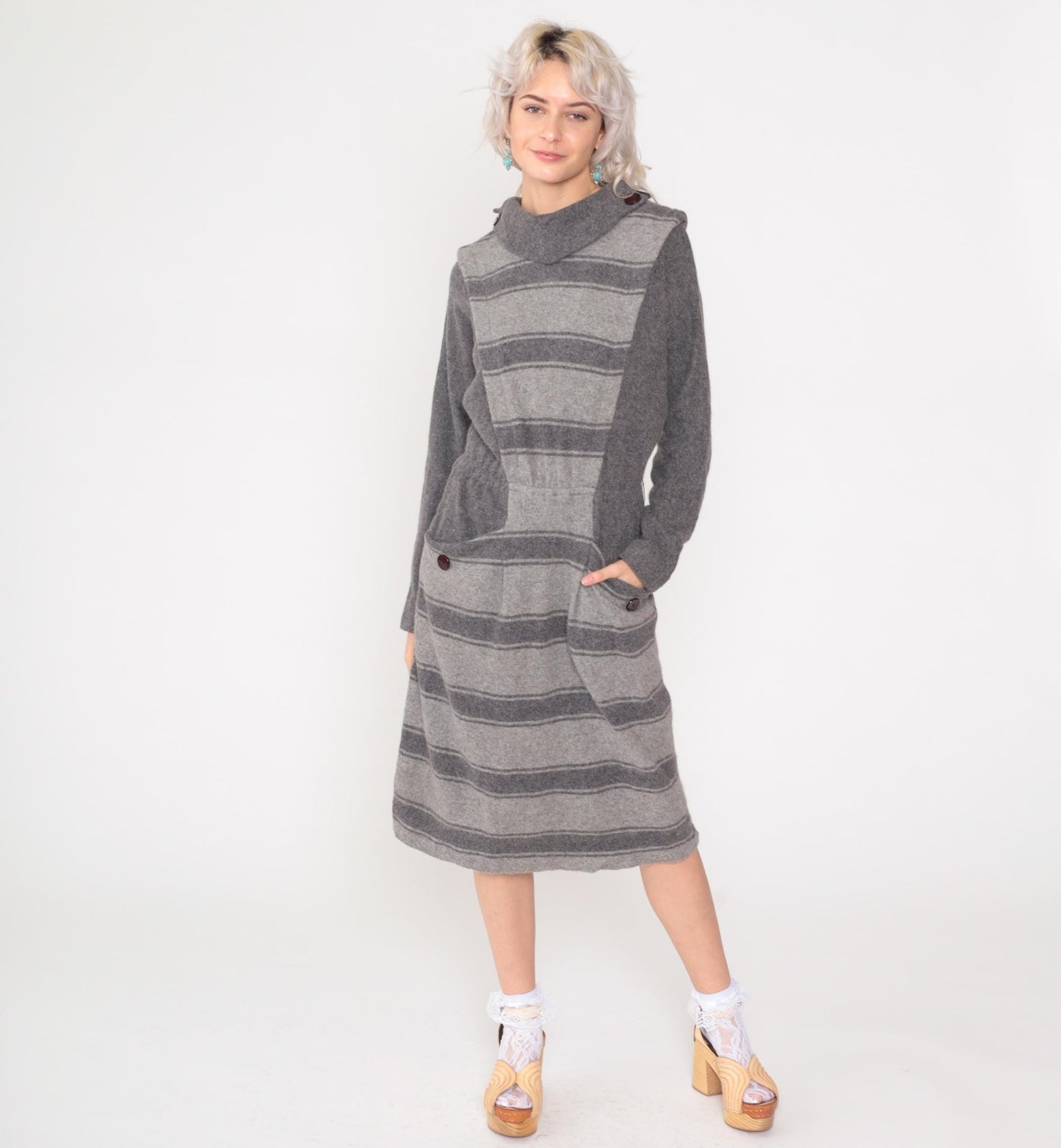 80s Grey Striped Wool Midi Dress Mock Neck Elastic Waist Pockets Small