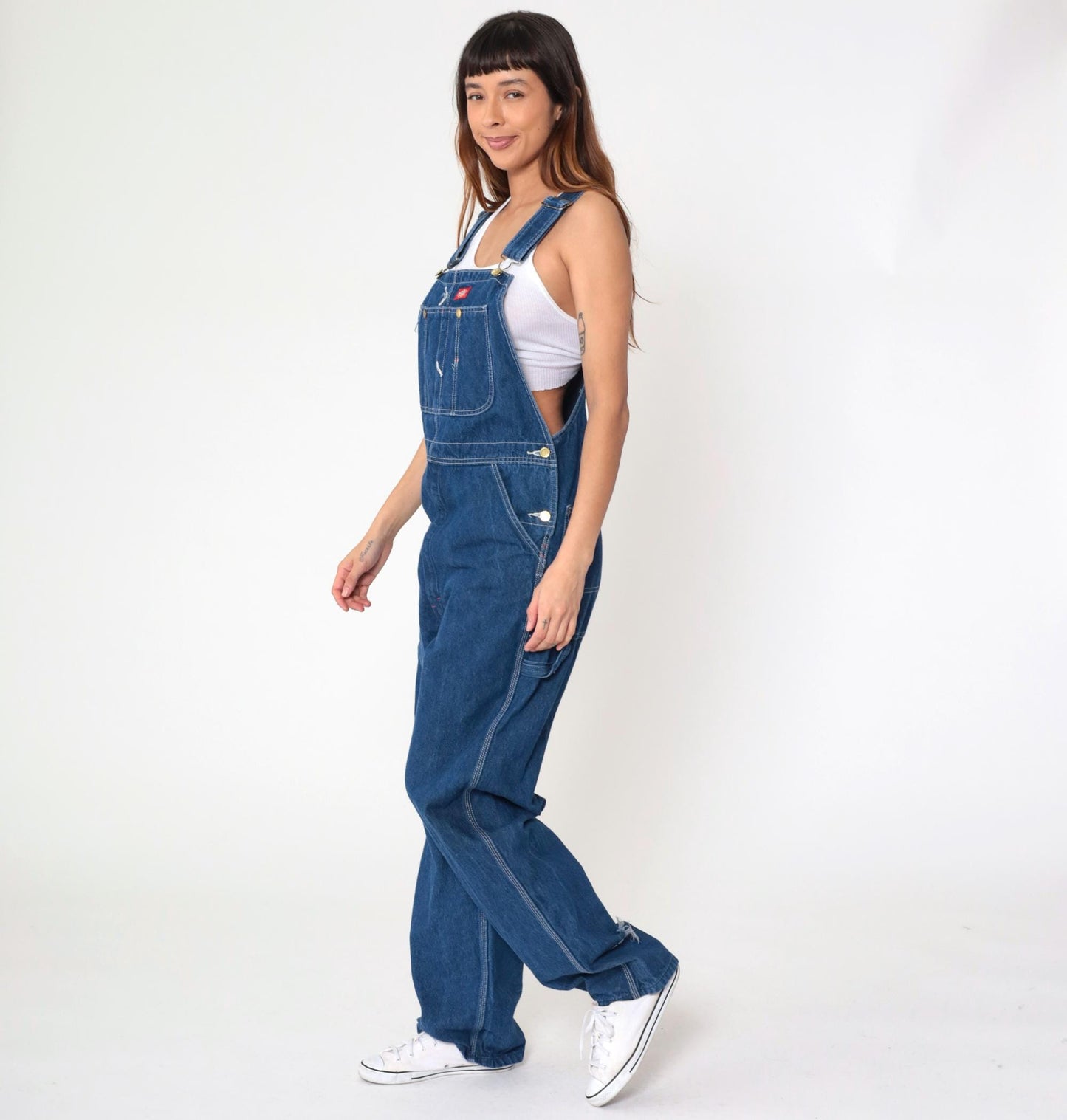 Y2K Dickies Bib Overalls Dark Wash Denim Cargo Hammer Loop 32x34