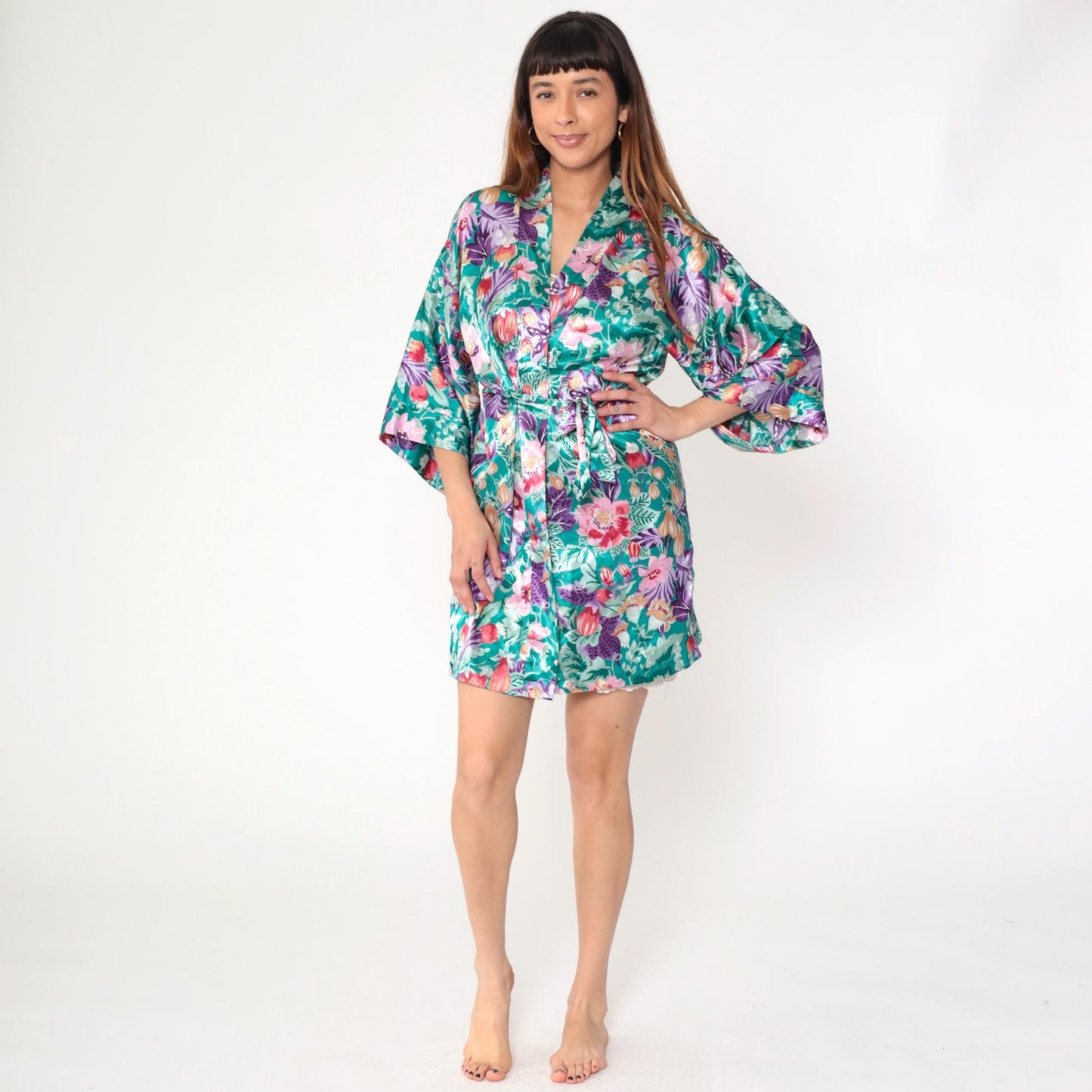 90s Floral Satin Kimono Robe Mini Green Wrap Front Small Medium Large