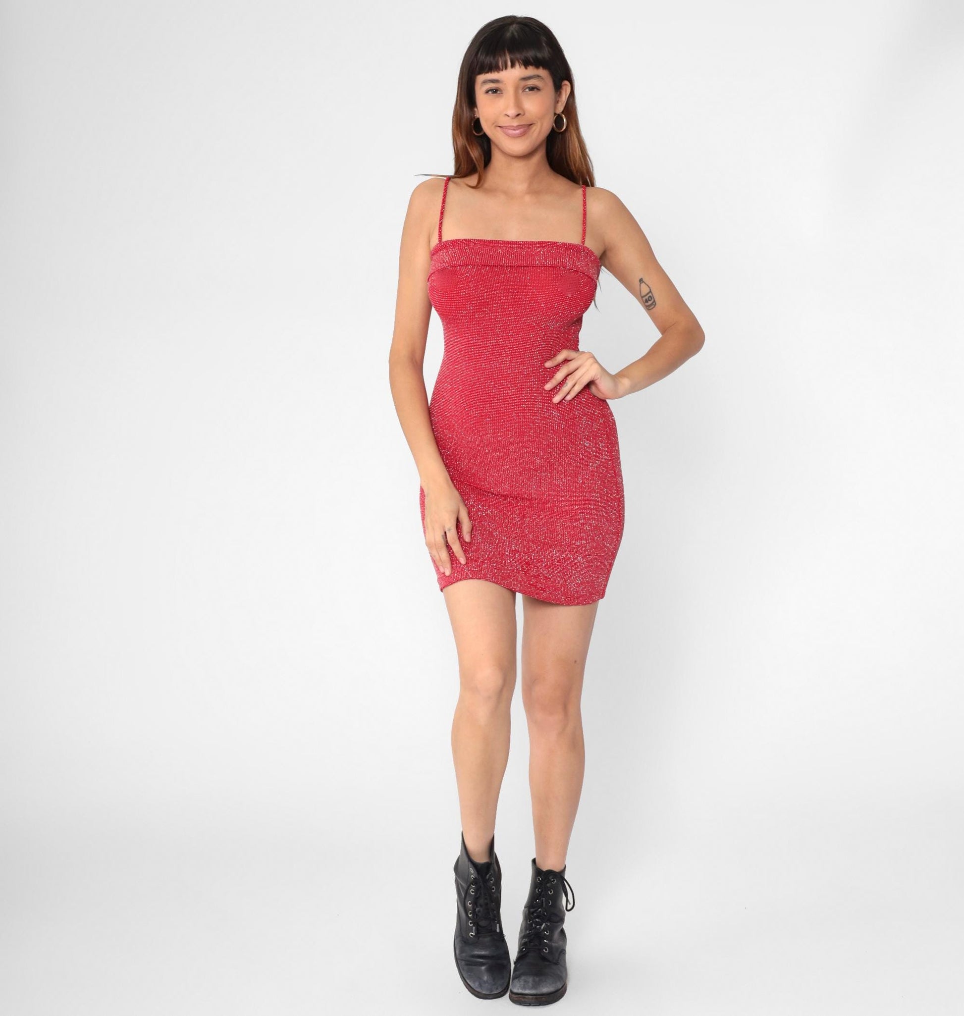 Y2K Metallic Red Sparkly Bodycon Mini Dress Spaghetti Strap Small S