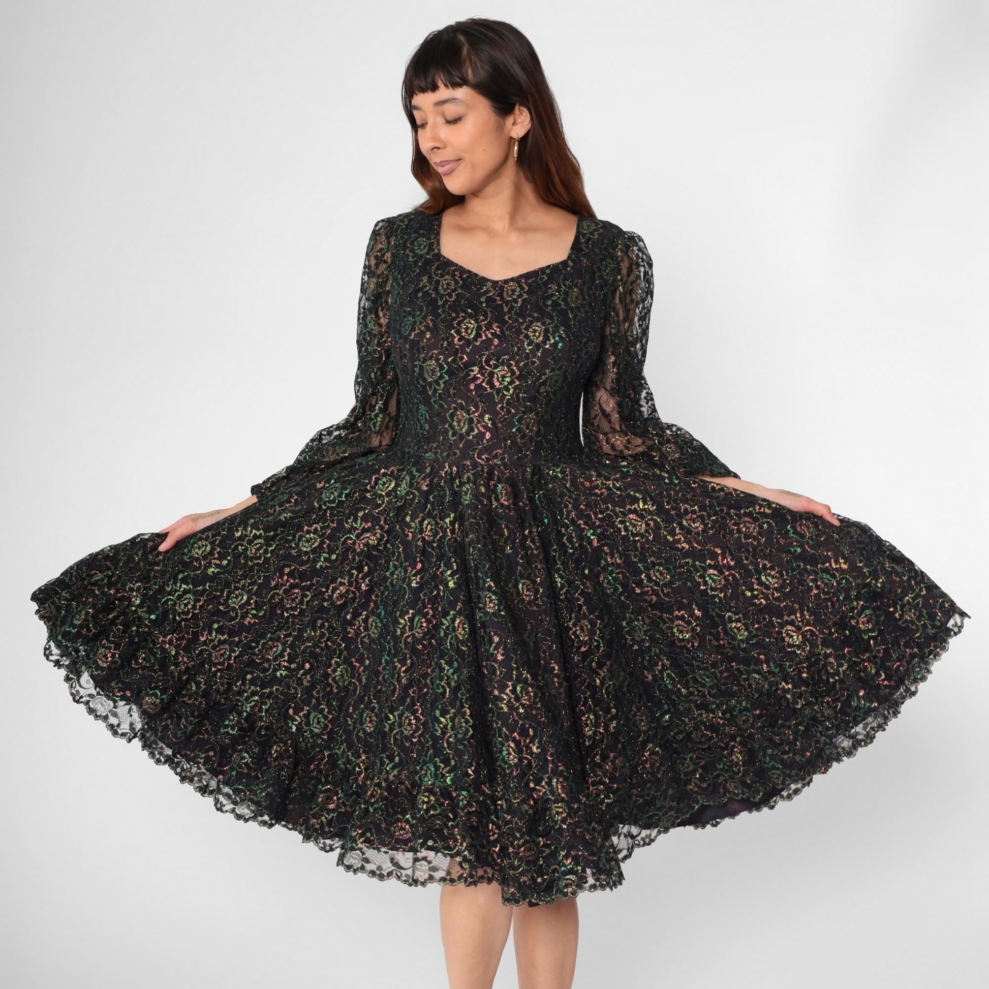 1960s Black Iridescent Lace Dress Sheer Sleeves High Waist Knee Length Medium M
