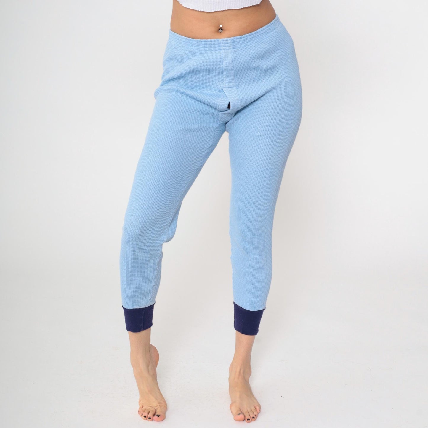 80s Baby Blue Waffle Knit Thermal Pants Long Johns Small Medium