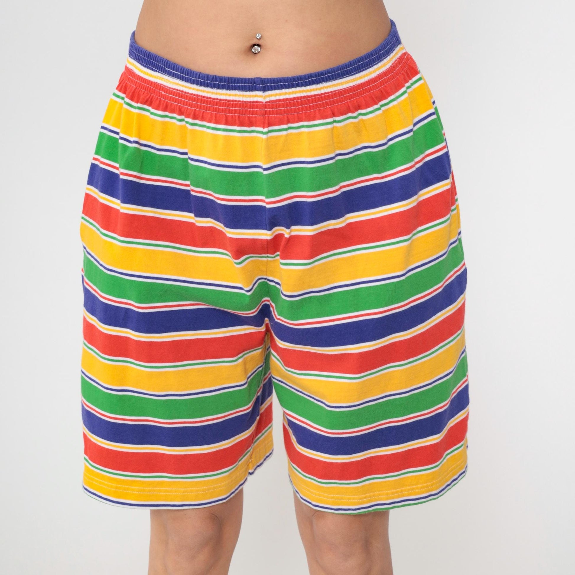 90s Marisa Christina Striped Shorts Elastic Waist Cotton Rainbow Large L
