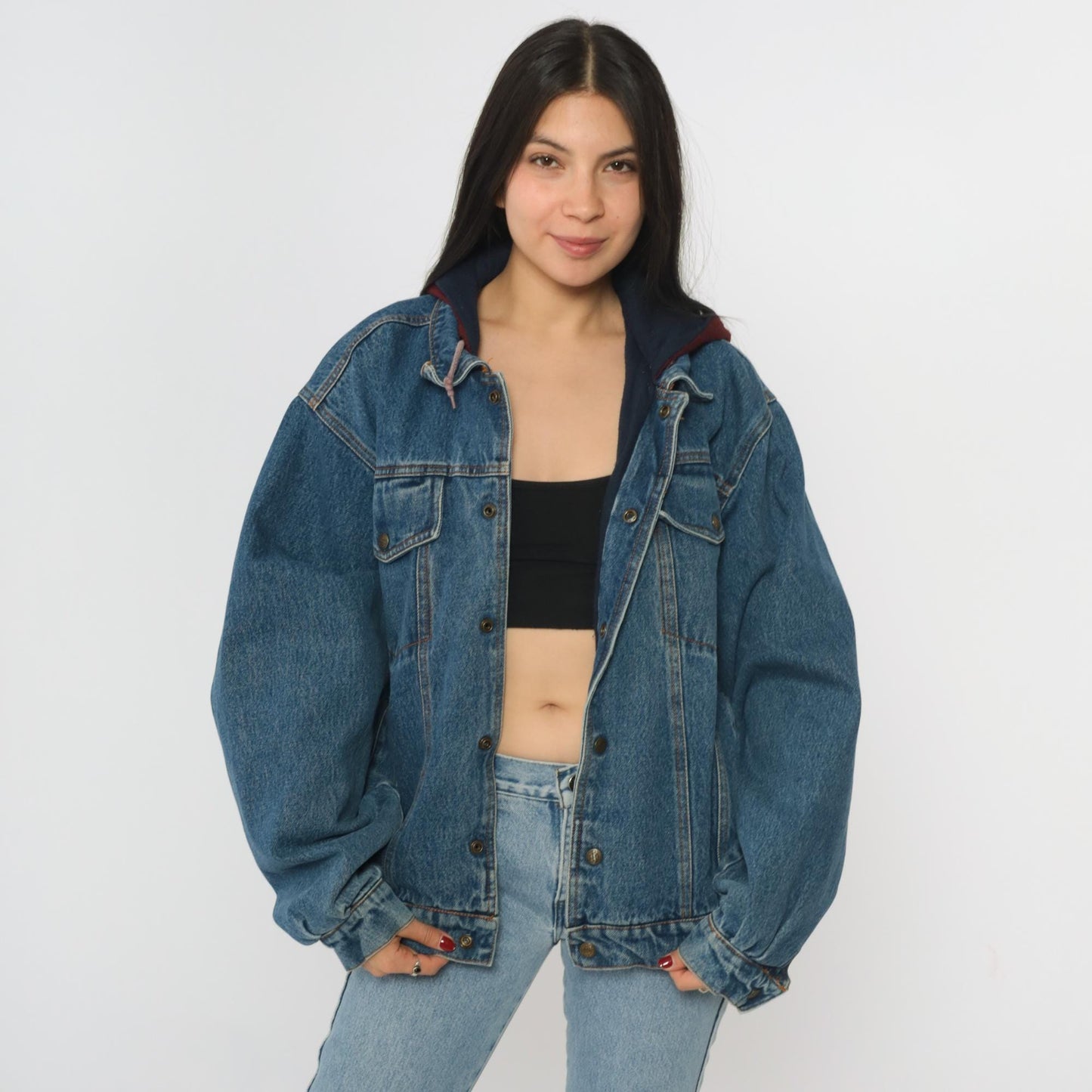 90s Eagles Ridge Outfitters Hooded Denim Jacket Blue Burgundy Medium