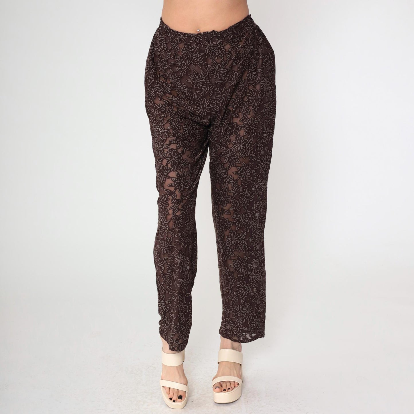 90s Brown Sheer Floral Burnout High-Waist Straight Tapered Trousers Small