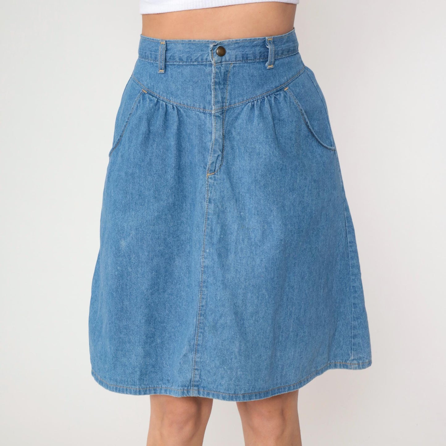 80s Western Denim Mini Skirt High Waist Gathered Yoke Blue Small S