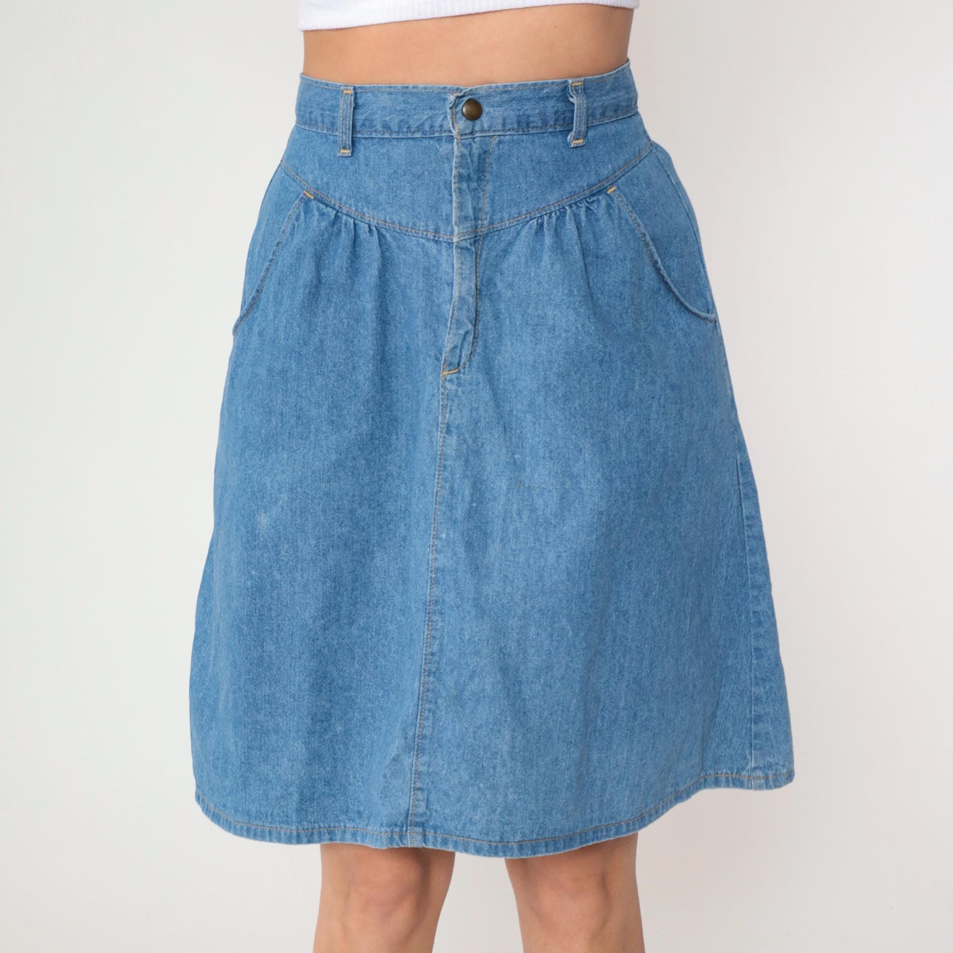 80s Western Denim Mini Skirt High Waist Gathered Yoke Blue Small S