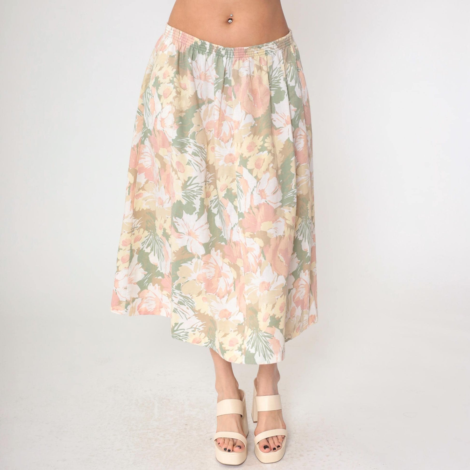 90s Alfred Dunner Floral Midi Skirt Pastel Print High Waist Pockets Large