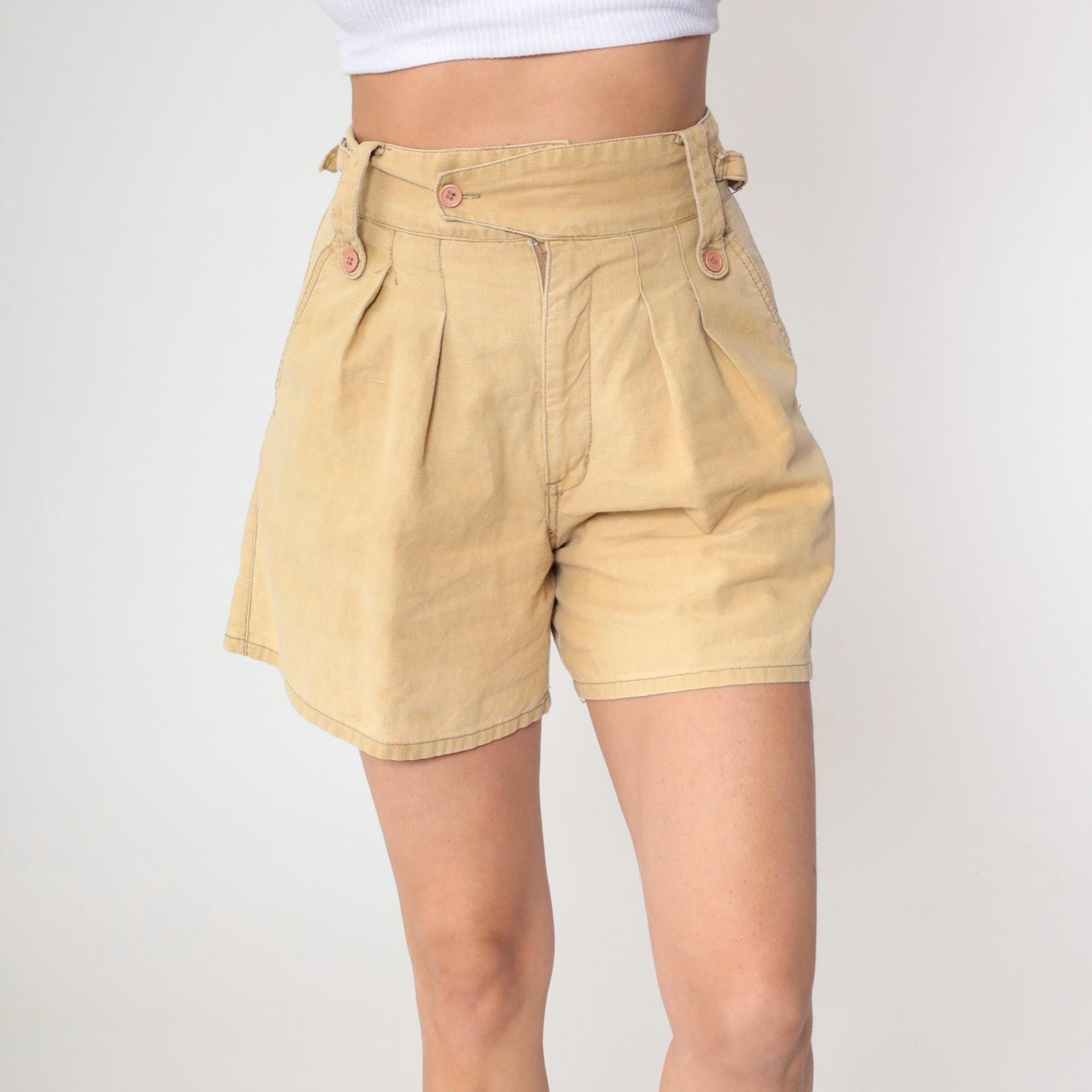 80s Palmettos Tan Pleated High-Waist Shorts Ramie Cotton Petite Small