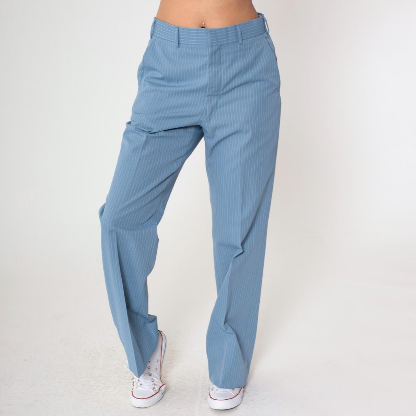 70s Blue Pinstripe Straight Leg Trousers High Waist White Stripes Men's Medium 32