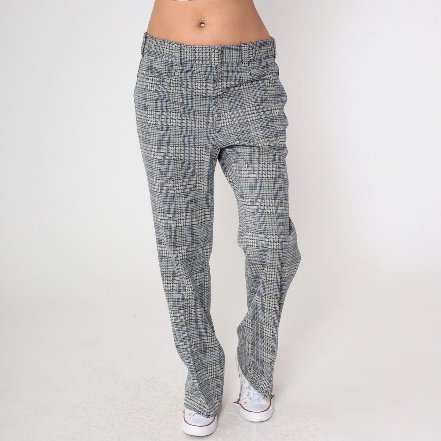 70s Navy Plaid Bell Bottom Trousers High Waisted Flared Pants Large 36