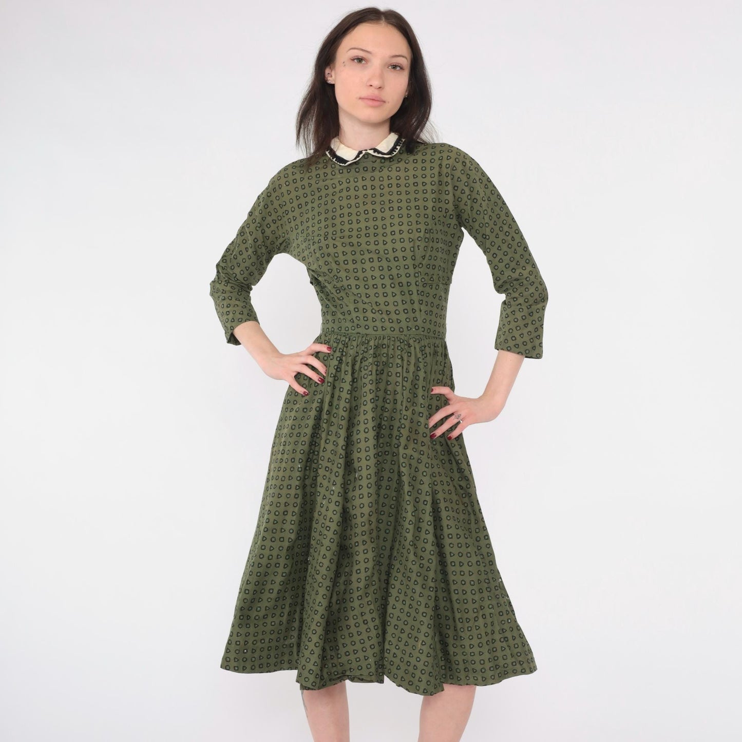 1950s L'Aiglon Fit Flare Dress Olive Green Geometric Peter Pan Collar Midi Extra Small