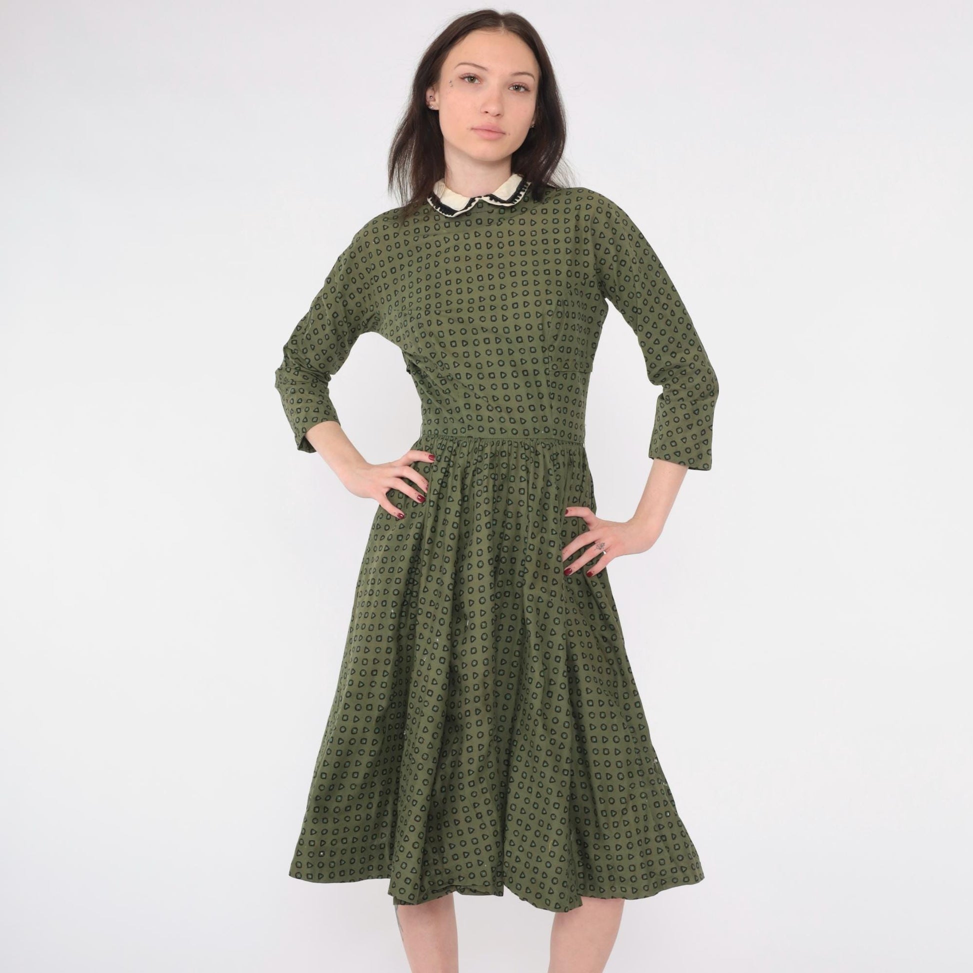 1950s L'Aiglon Fit Flare Dress Olive Green Geometric Peter Pan Collar Midi Extra Small