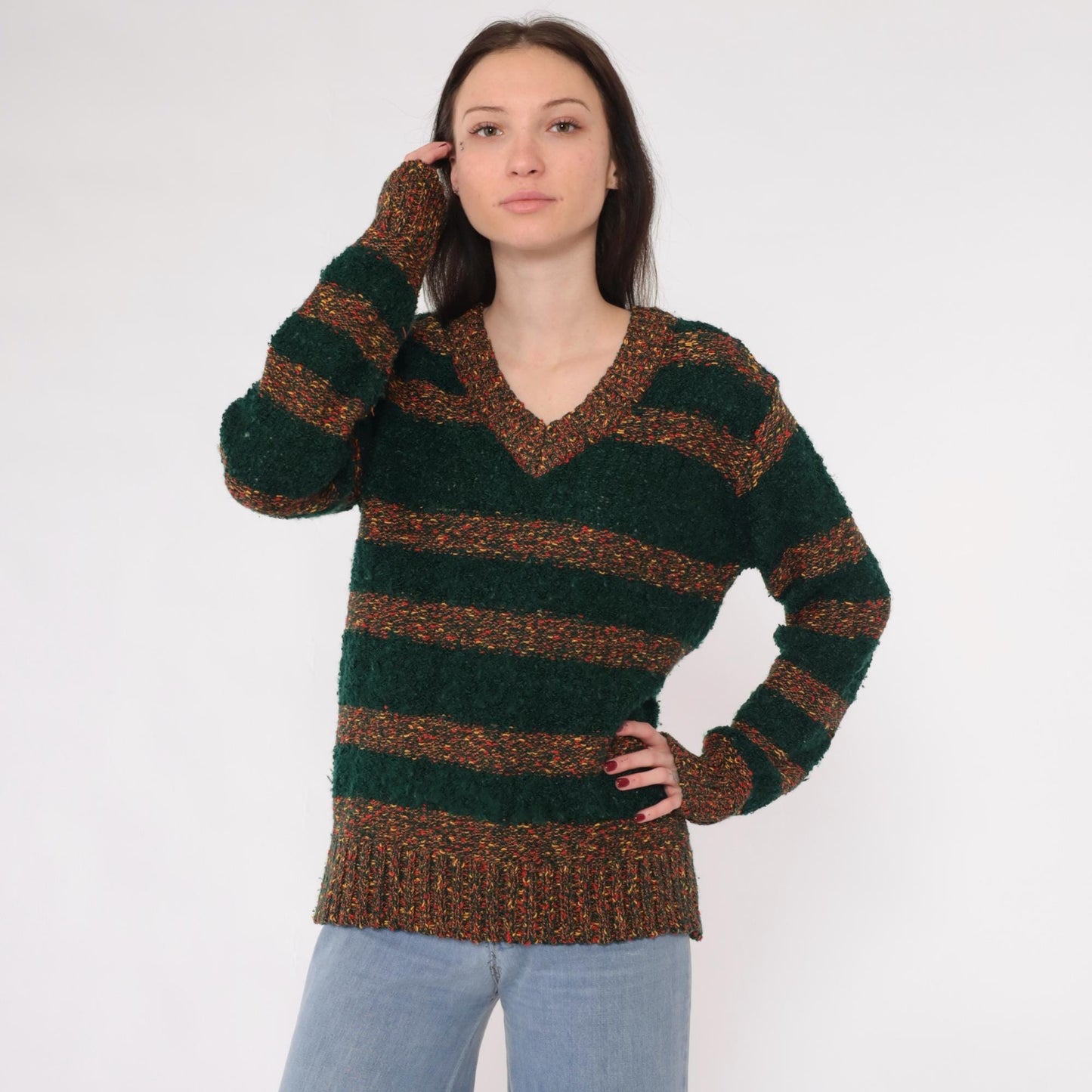 80s Left Bank Forest Green Striped Slub Knit Sweater V-Neck Medium M