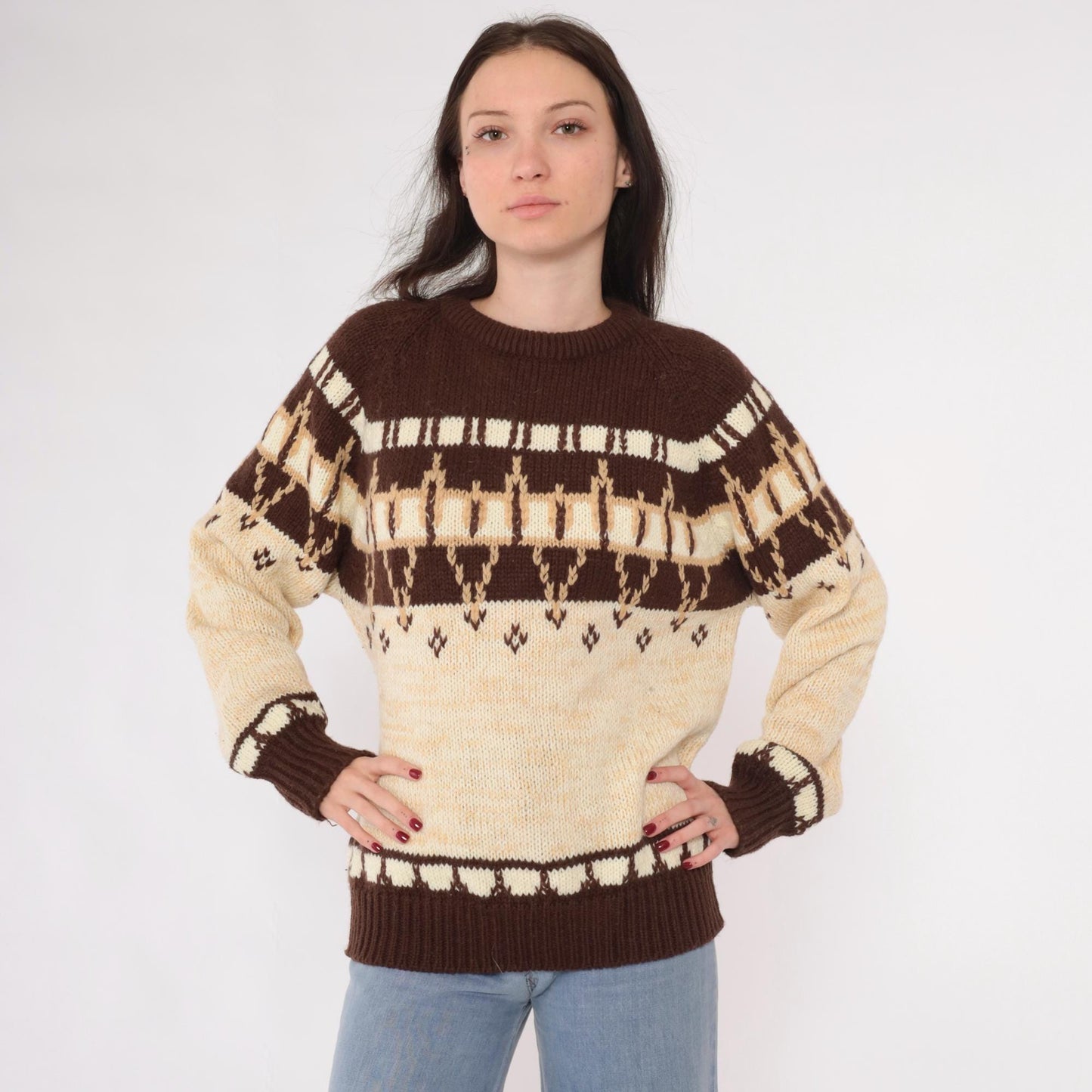 80s Nordic Geometric Knit Sweater Brown Cream Marled Pullover Medium