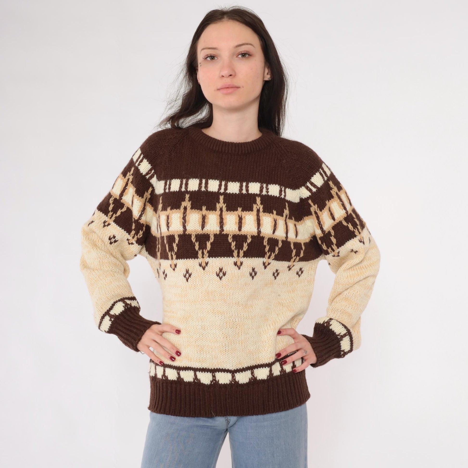 80s Nordic Geometric Knit Sweater Brown Cream Marled Pullover Medium