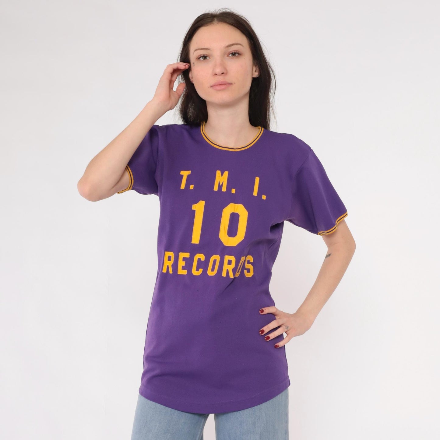 70s TMI Records Ringer Tee Purple Gold Applique Varsity Graphic Small S