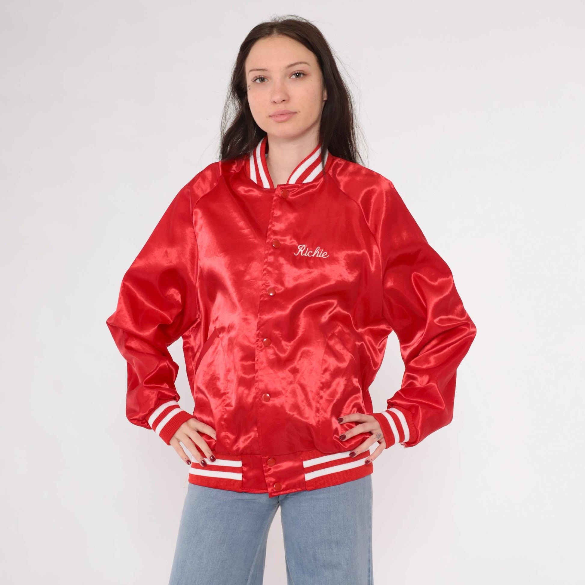 80s Red Satin Bomber Jacket Salem Farms Campground Connecticut Graphic Men's Large
