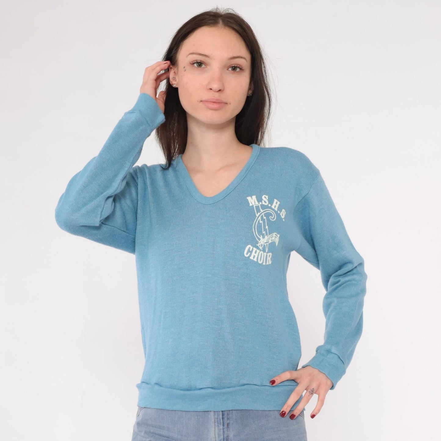 80s MSHS Choir V-Neck Sweater Light Blue Graphic Knit Pullover Small