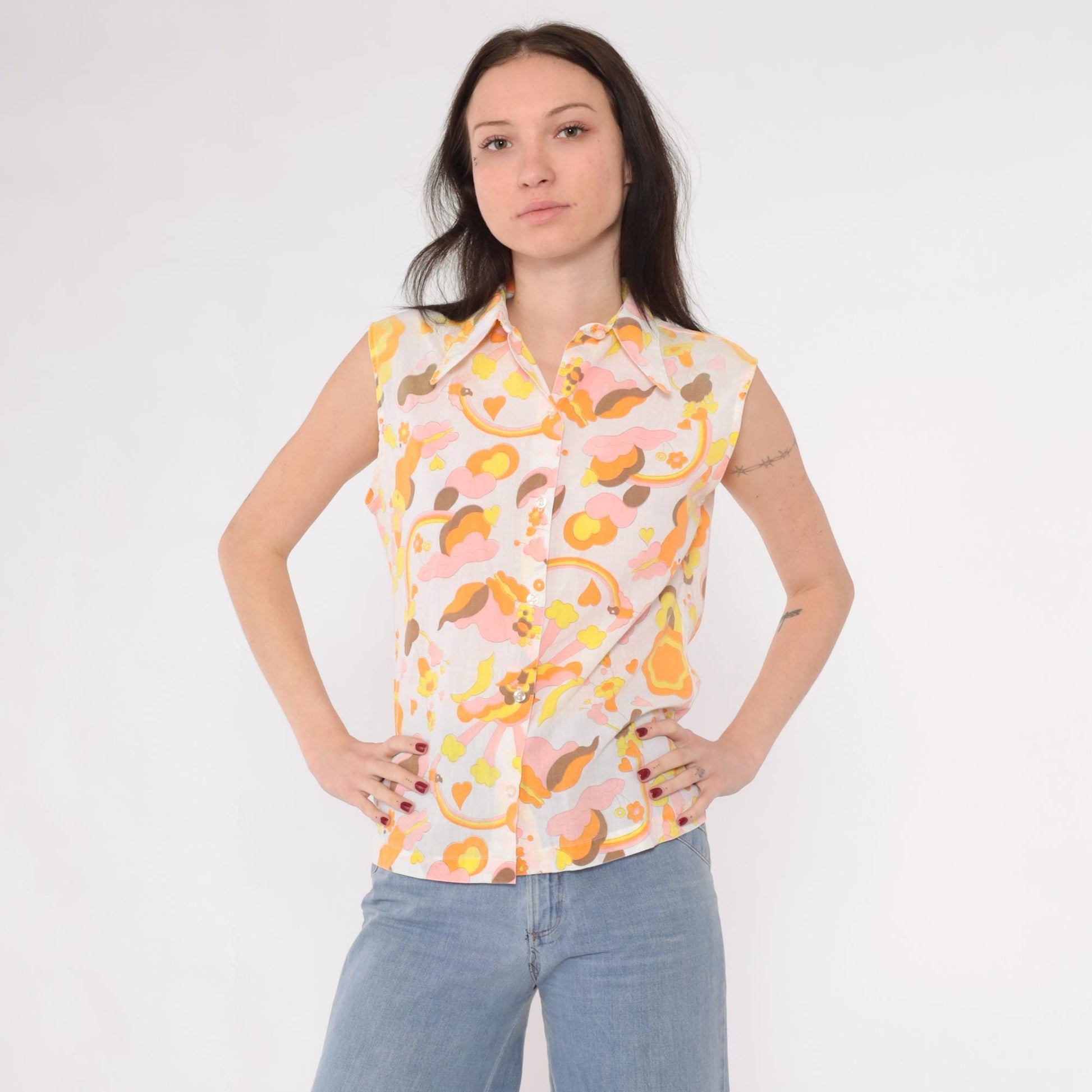 70s Rainbow Heart Floral Butterfly Sleeveless Blouse Dagger Collar White Small