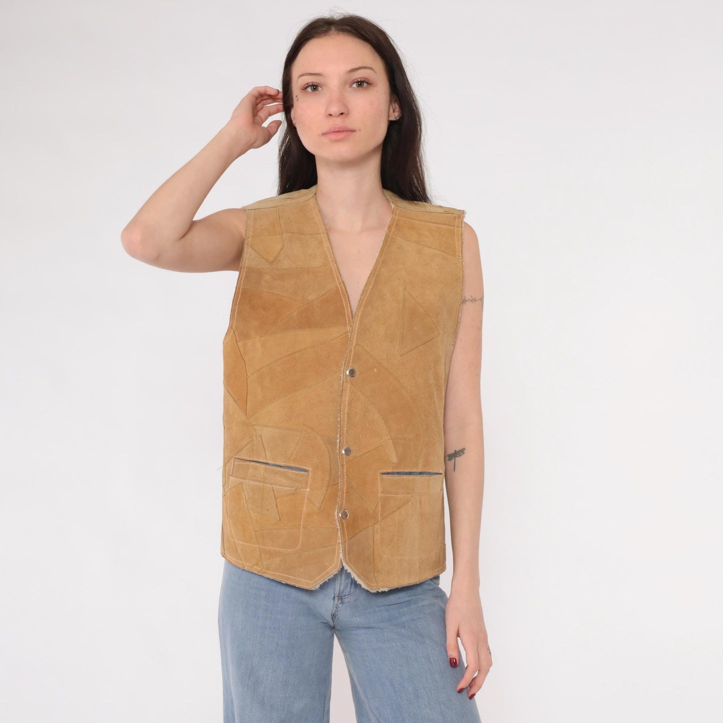 70s Tan Patchwork Suede Vest Sherpa Lined Snap Front Sleeveless Small