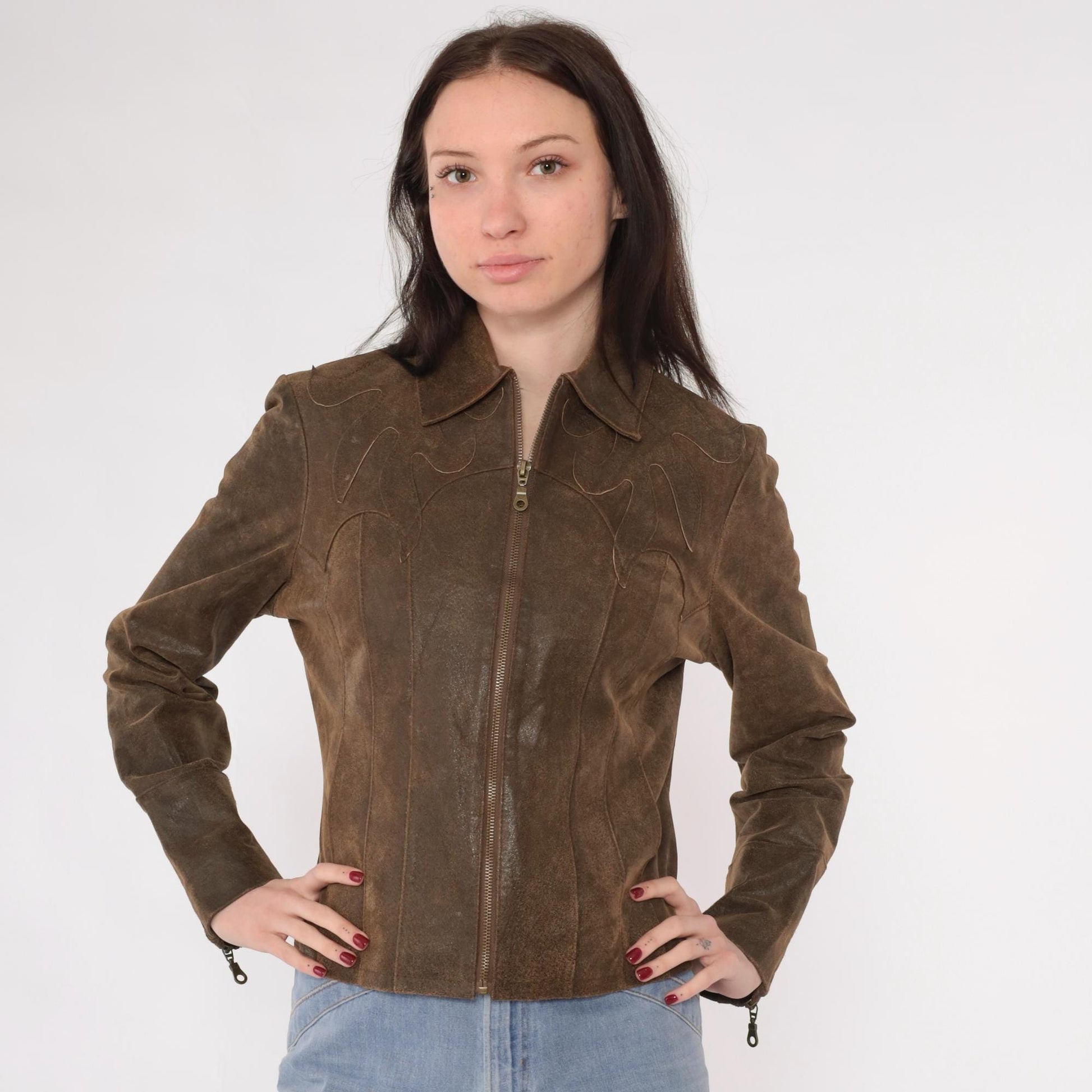 Y2K Brown Leather Moto Jacket Western Flame Applique Fitted Zip Small S