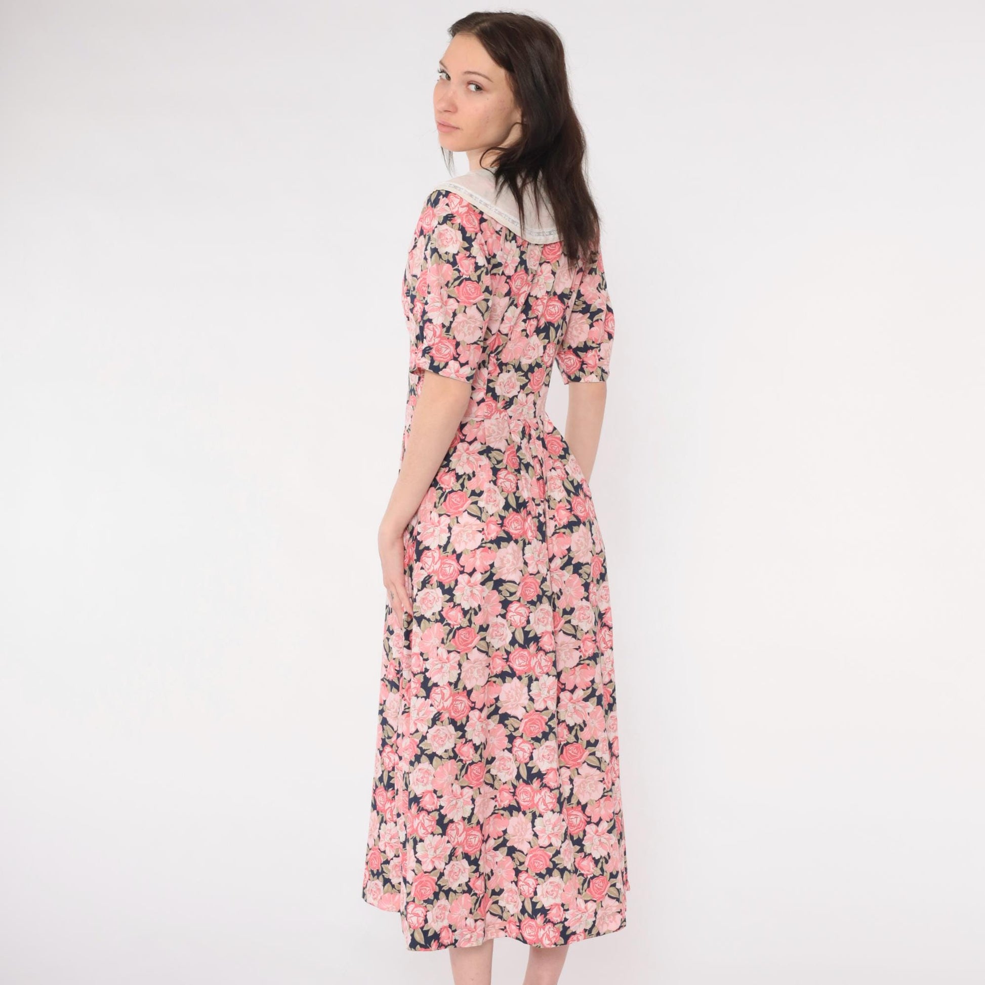 80s Laura Ashley Pink Floral Midi Dress Puff Sleeve Double Breasted Small