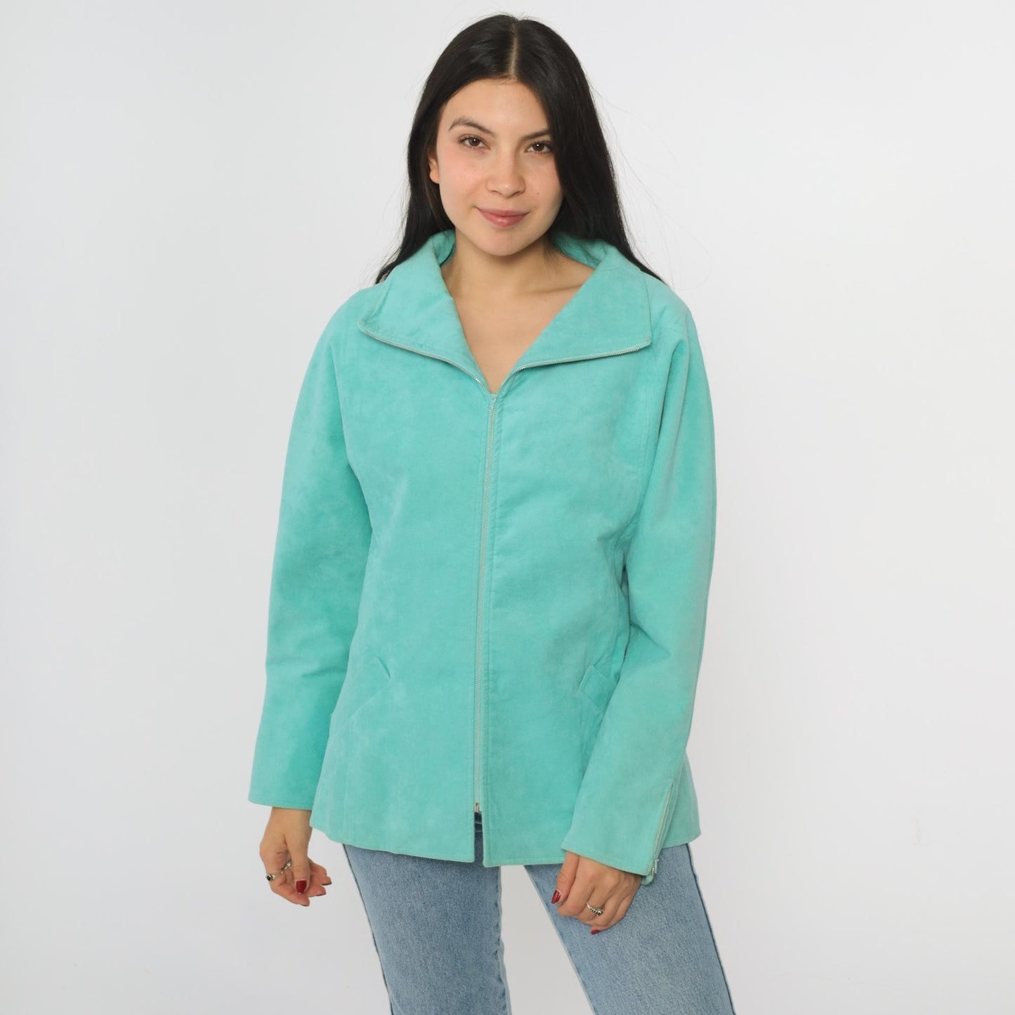 80s Bill Haire Aqua Faux Suede Zip Jacket Small