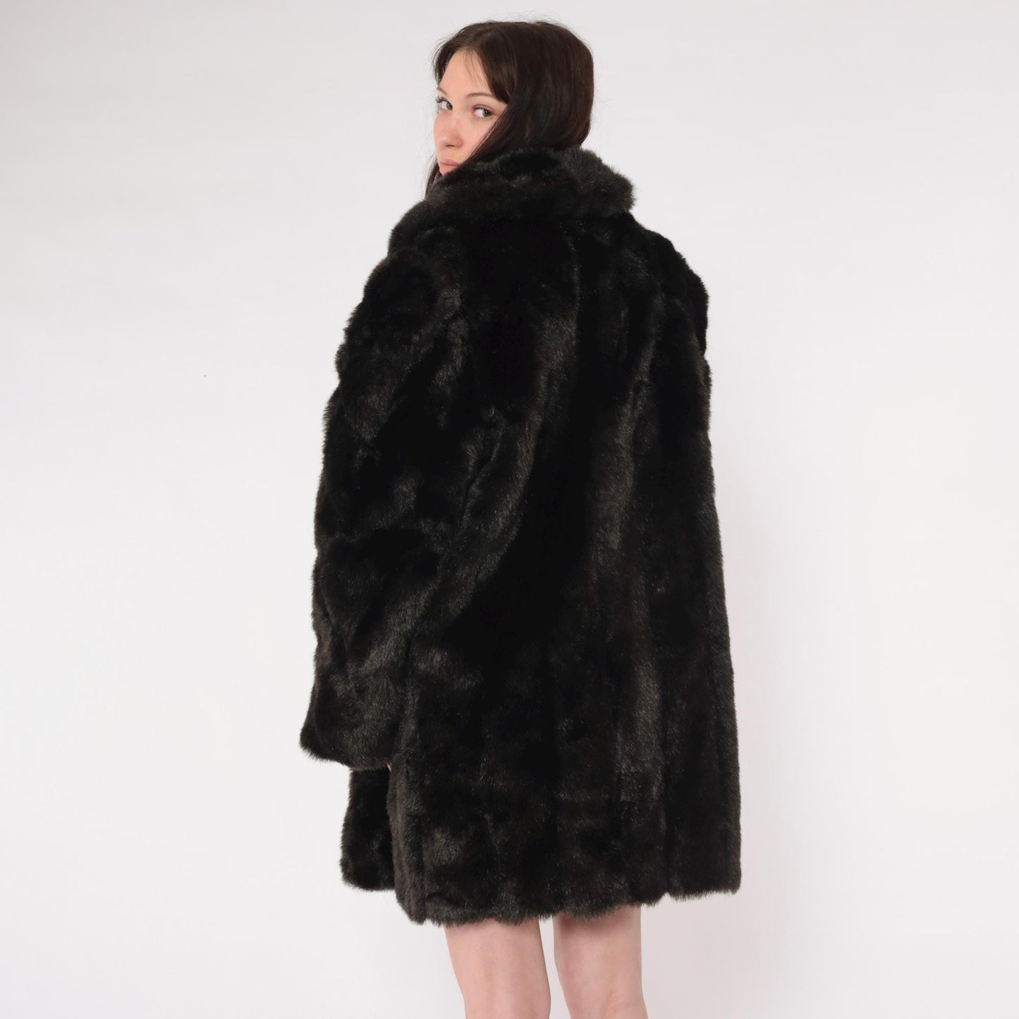 70s Dark Brown Faux Fur Coat Single Button Vintage Seventies Large L