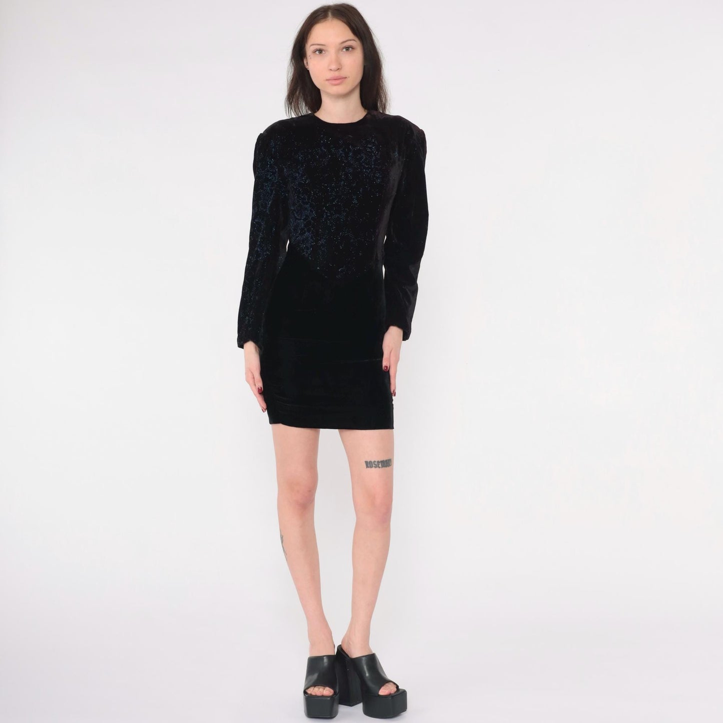 80s Scott McClintock Black Velvet Mini Dress Puff Sleeve Keyhole Back Extra Small
