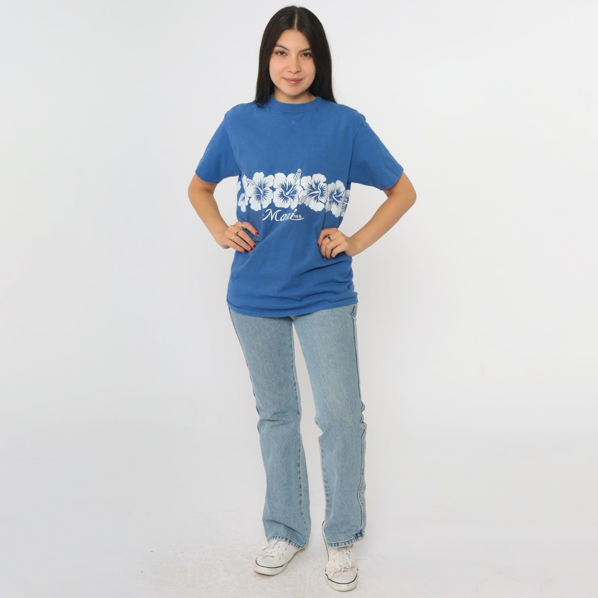 90s Maui Hawaii Hibiscus Graphic T-Shirt Blue Hanes Beefy-T Small