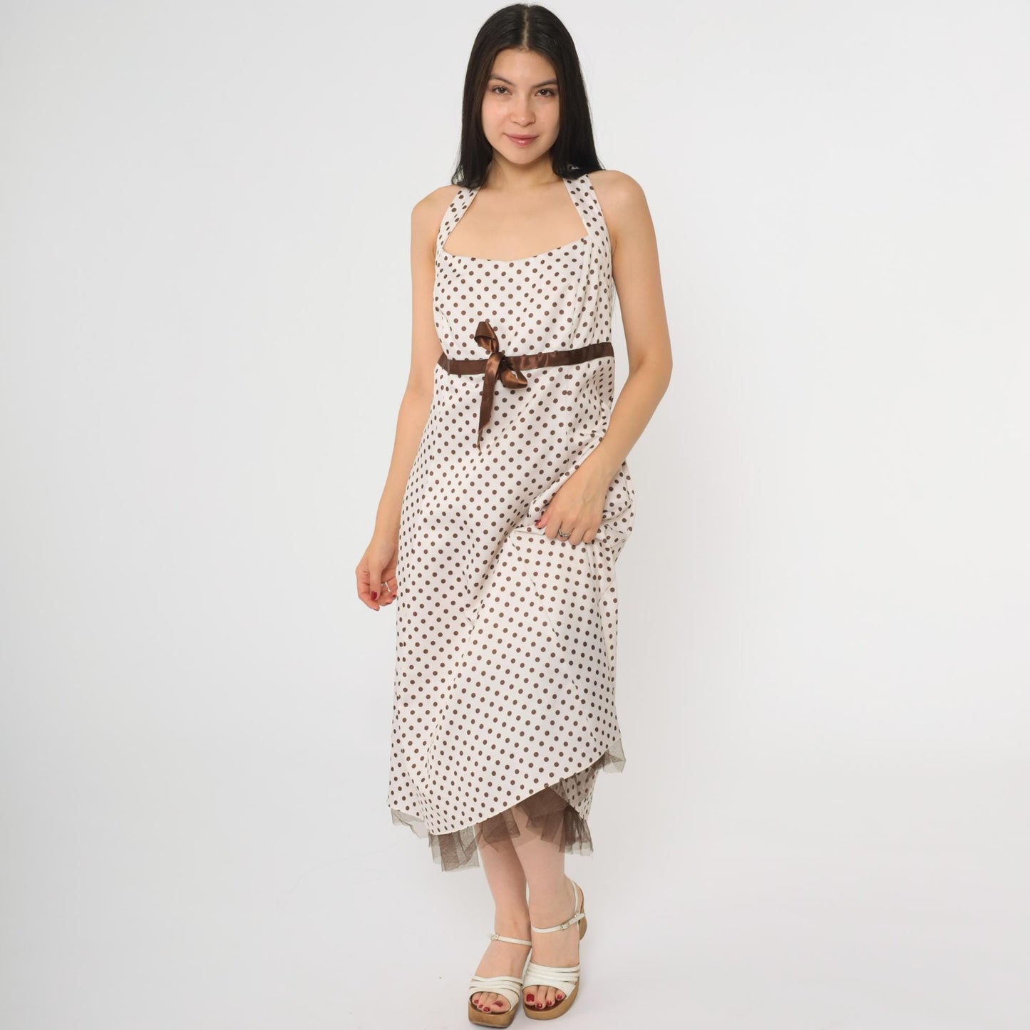 Y2K White Polka Dot Halter Midi Dress Brown Ribbon Bow Empire Waist Large 14