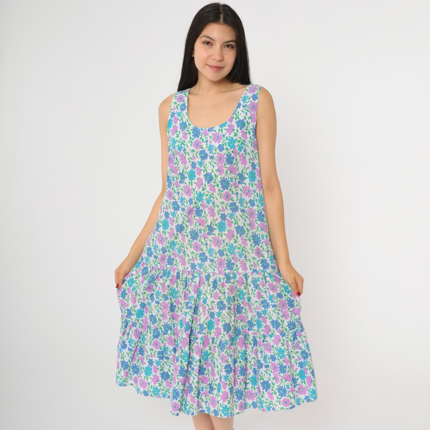 80s Floral Midi Dress White Blue Purple Tiered Drop Waist Sleeveless Medium