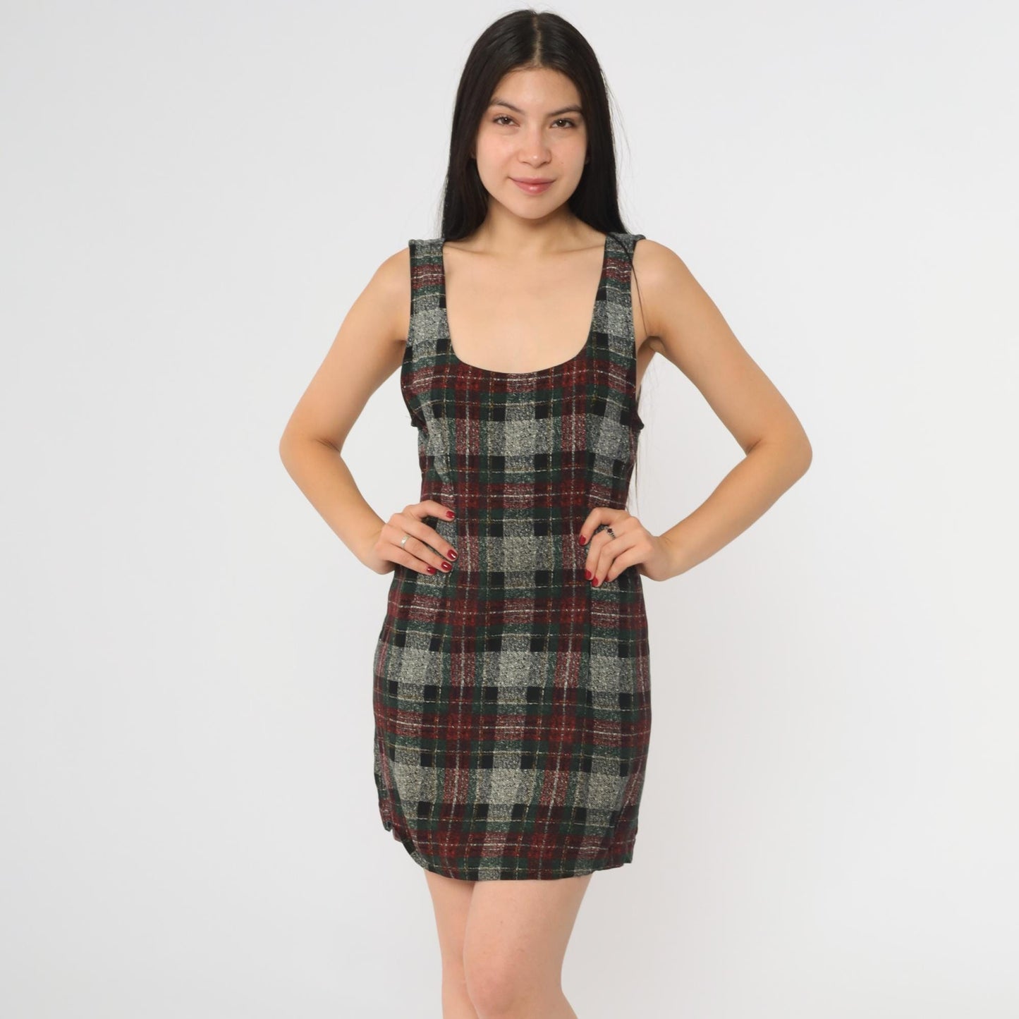 90s Plaid Sheath Dress Backless Grey Checkered Mini Sleeveless Small