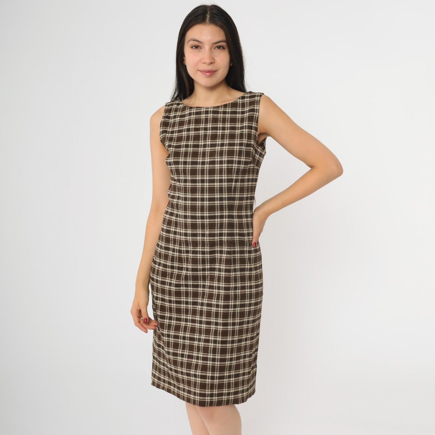 Y2K Brown Plaid Sheath Dress Sleeveless Scoop Back Knee Length Small 5