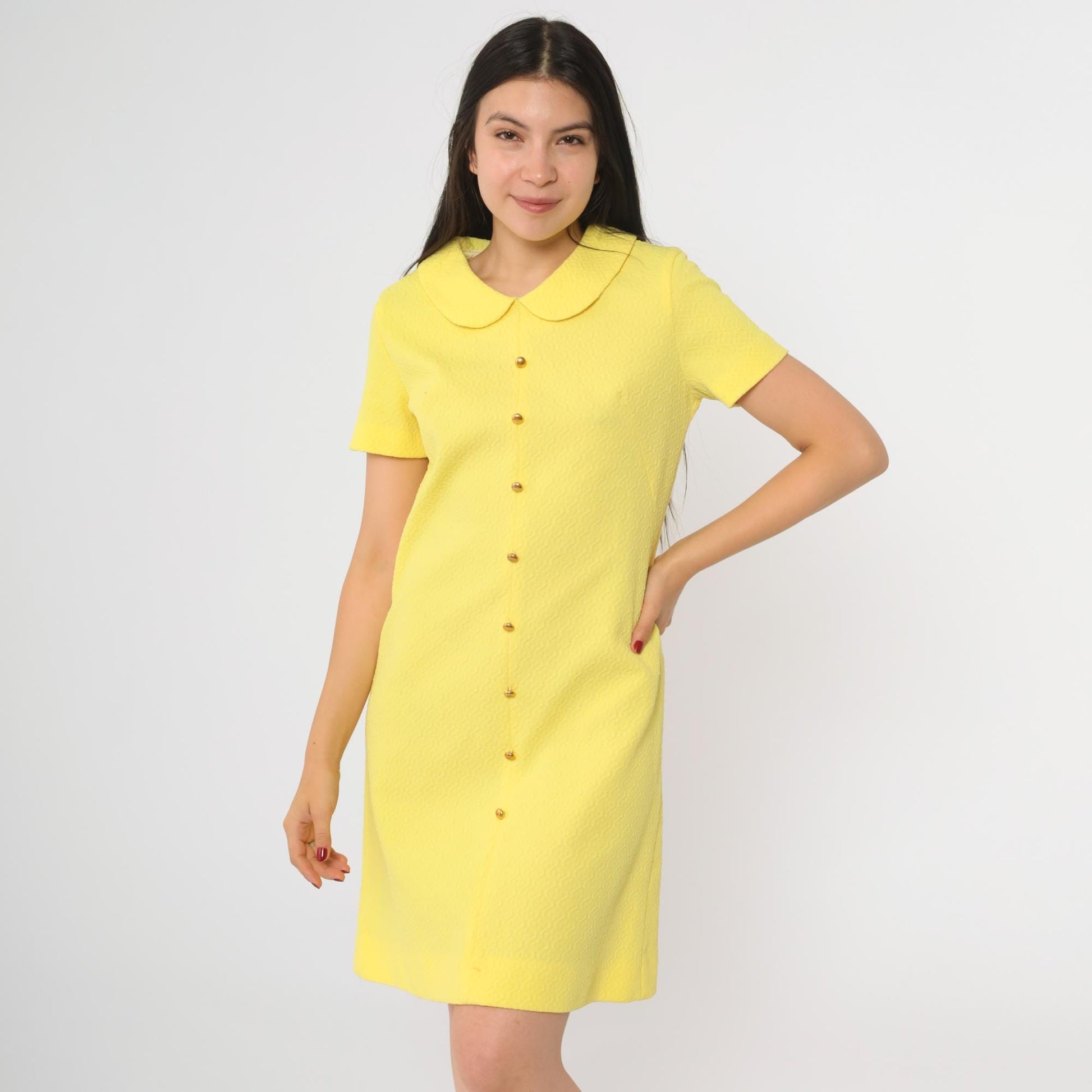 60s Yellow Shift Dress Peter Pan Collar Mini Length Short Sleeve Small