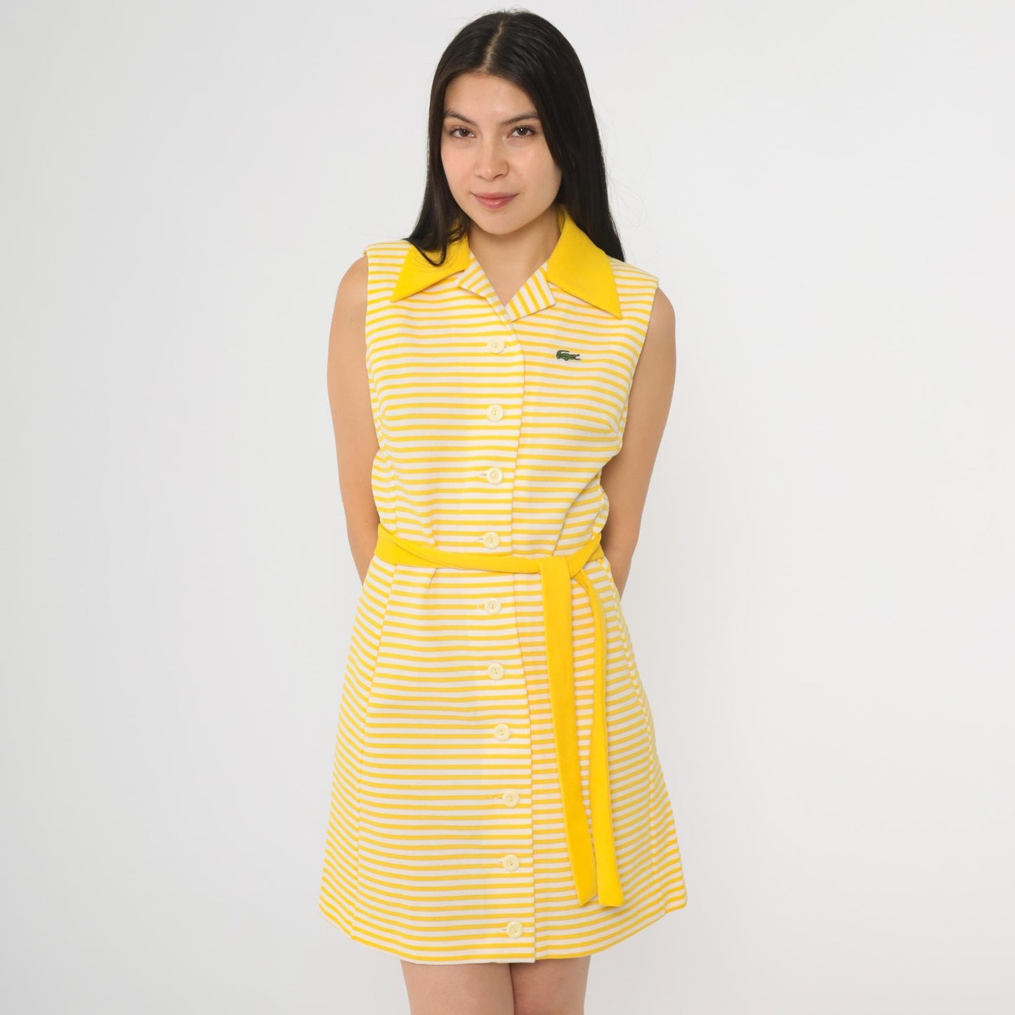60s Chemise Lacoste Yellow Striped Shift Mini Dress Crocodile Logo Small
