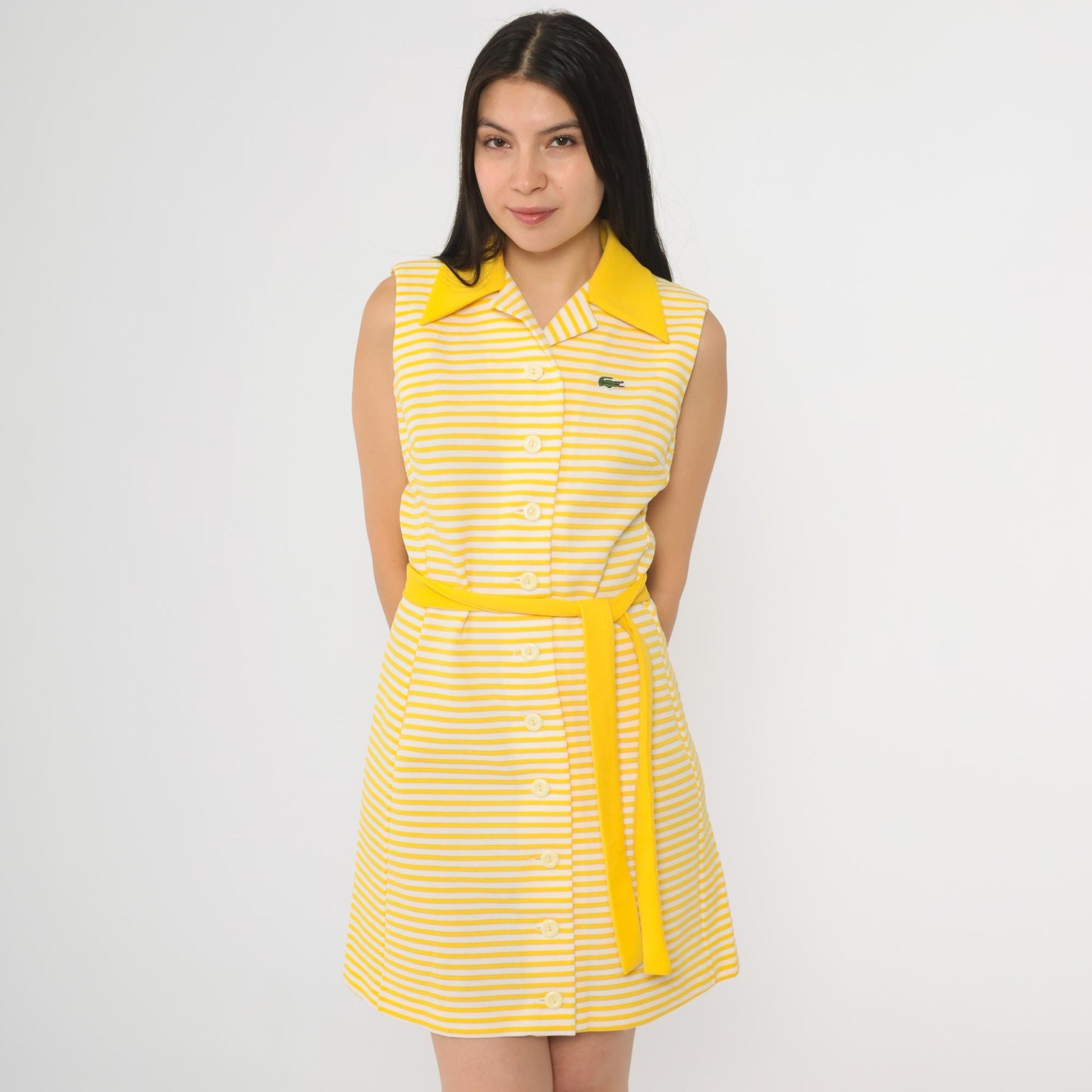 60s Chemise Lacoste Yellow Striped Shift Mini Dress Crocodile Logo Small