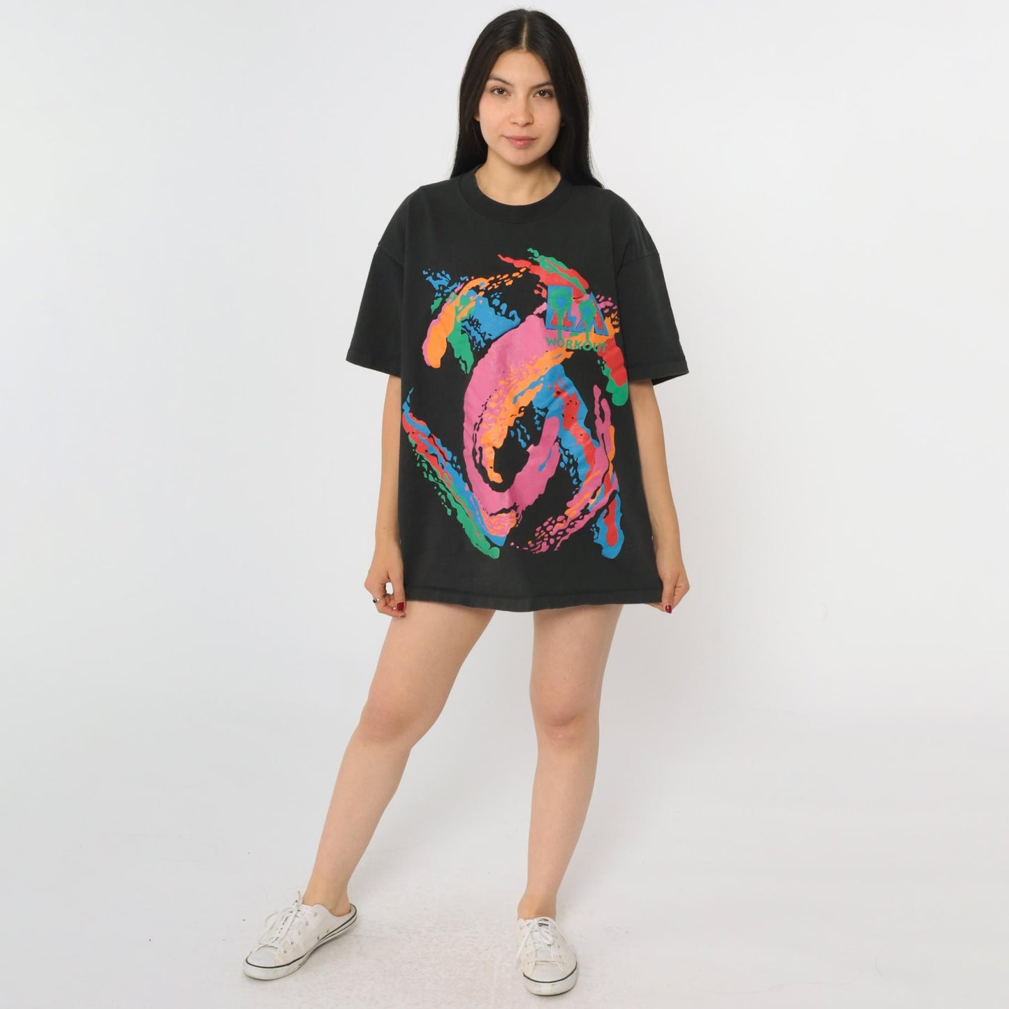 90s LA Workout T-Shirt Black Palm Tree Graphic Anvil Cotton Medium
