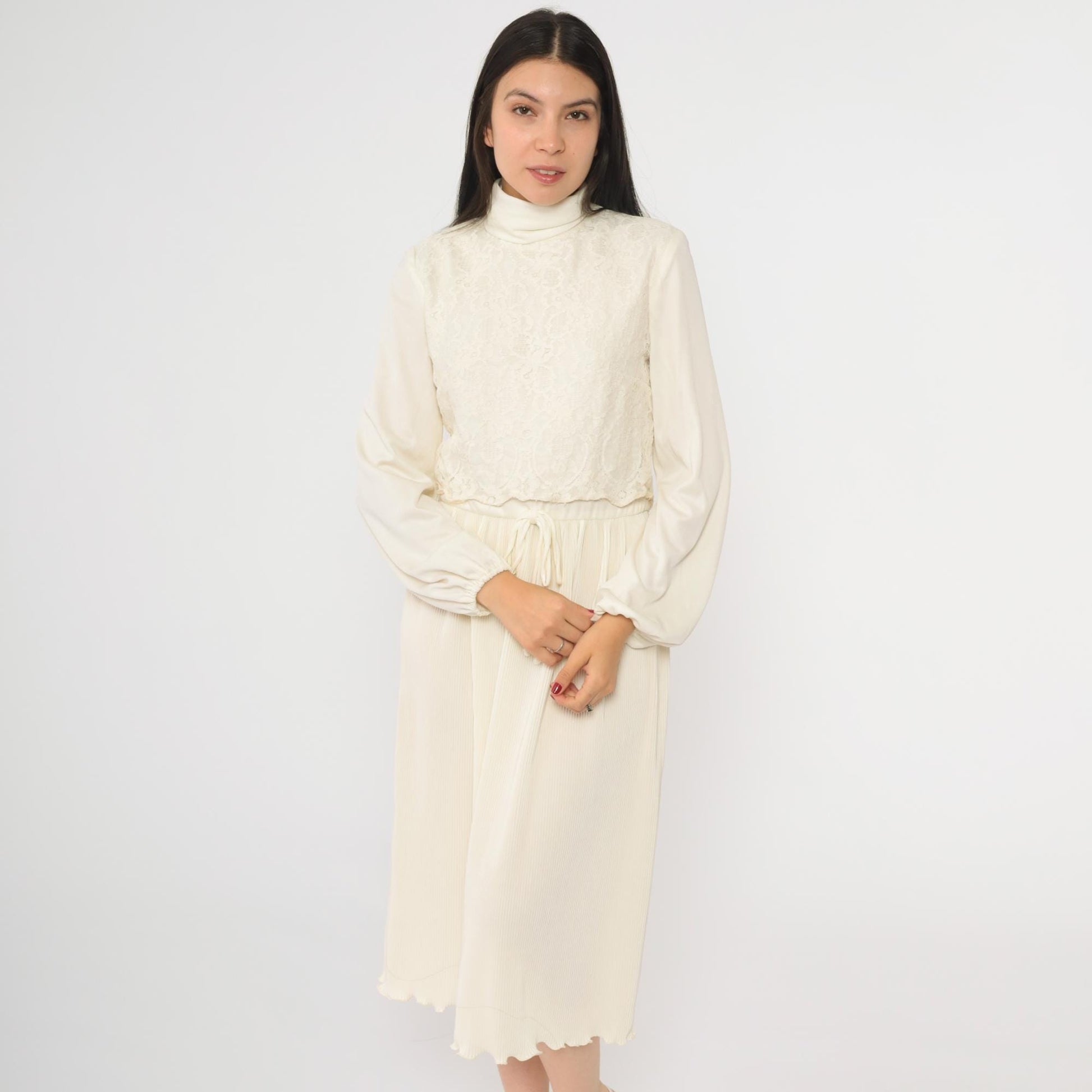 70s Cream Lace Midi Dress Turtleneck Pleated High Waist Long Sleeve Small S