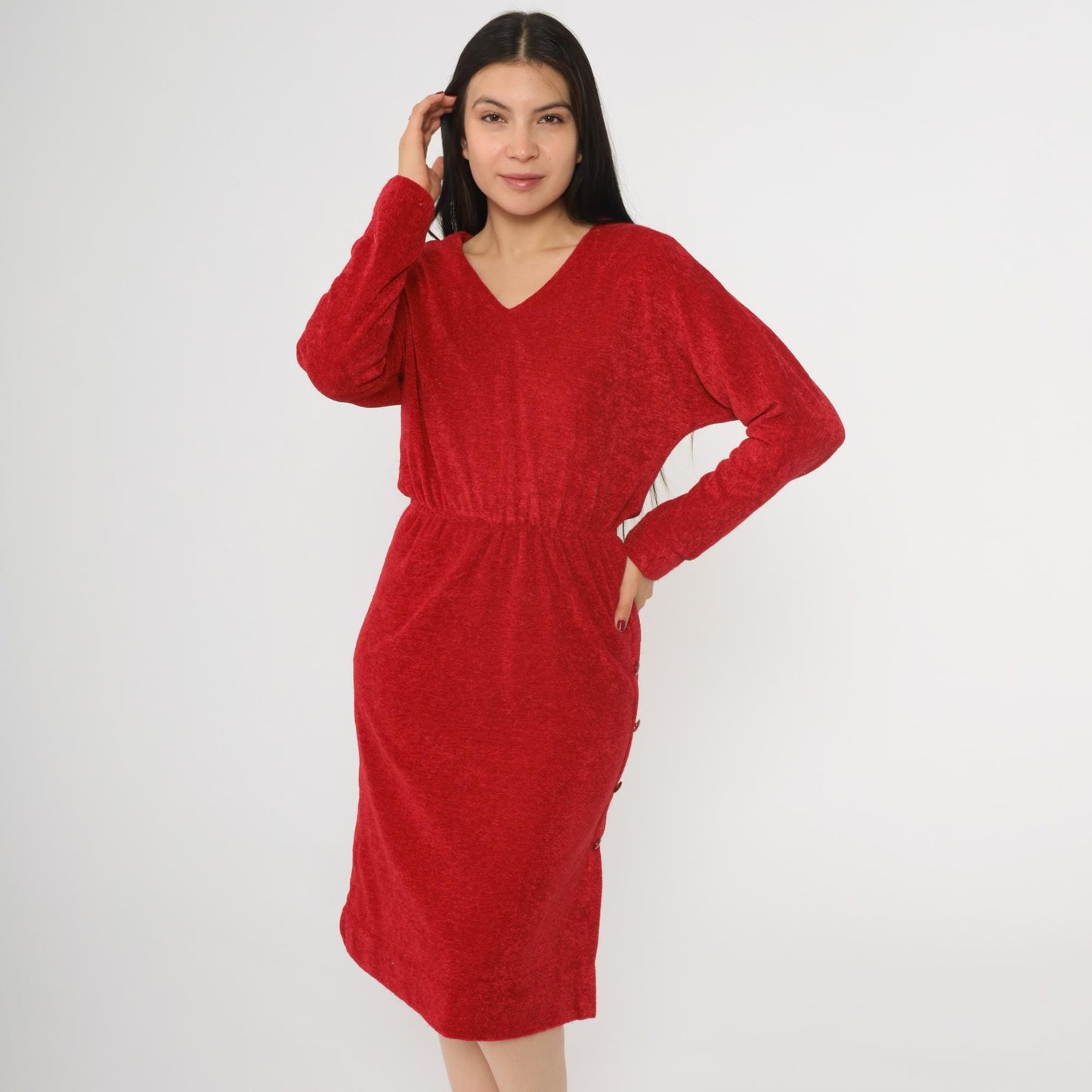 70s Red Terrycloth Midi Dress Dolman Sleeve V-Neck High Waist Small S